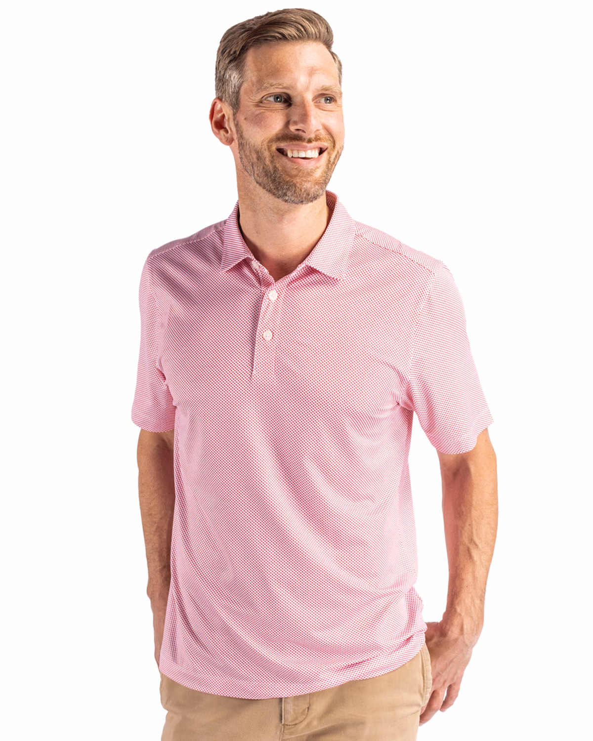 Custom Cutter & Buck Pike Recycled Symmetry Print Mens Polo — White/Red front