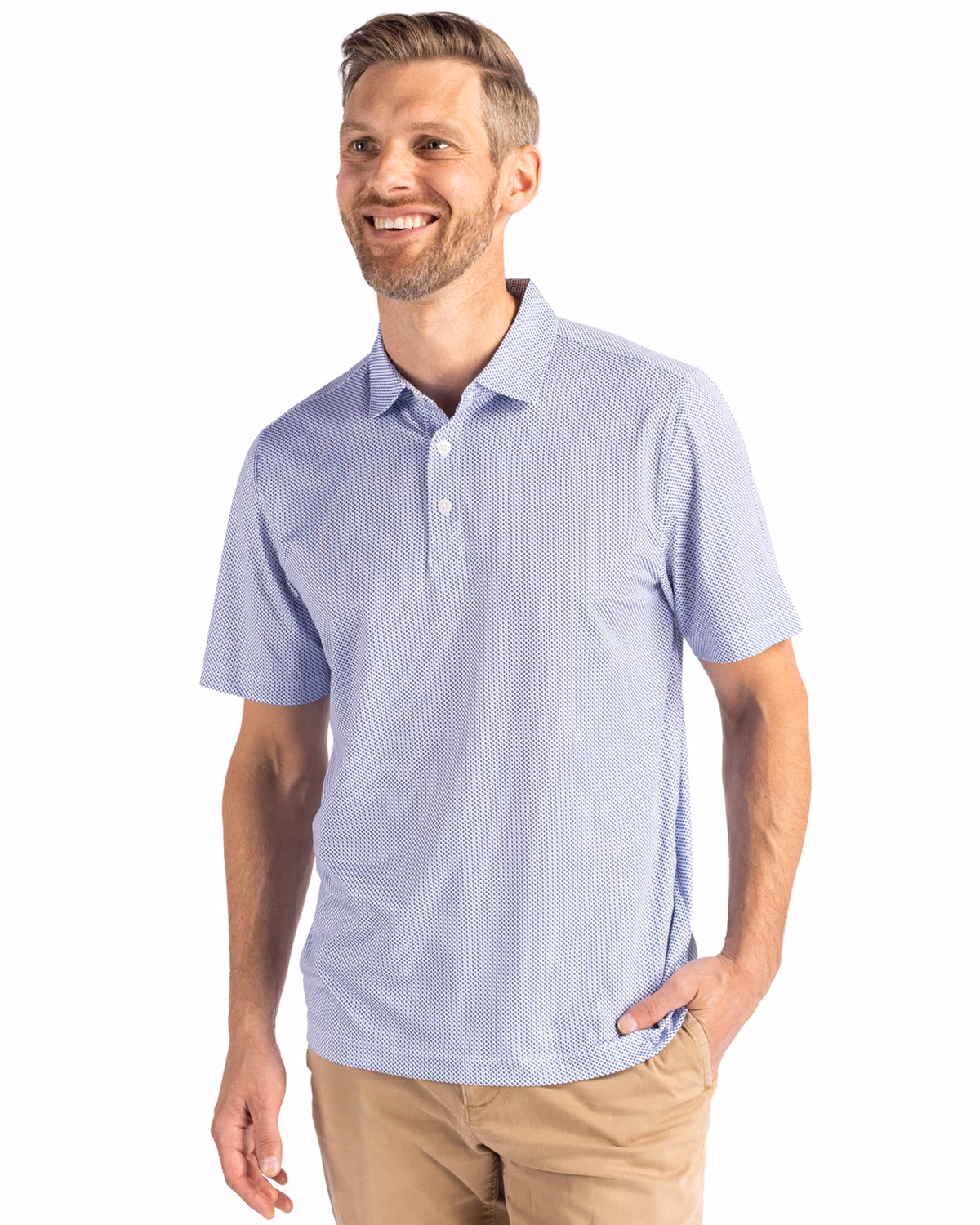 Custom Cutter & Buck Pike Recycled Symmetry Print Mens Polo — White/Tour Blue front