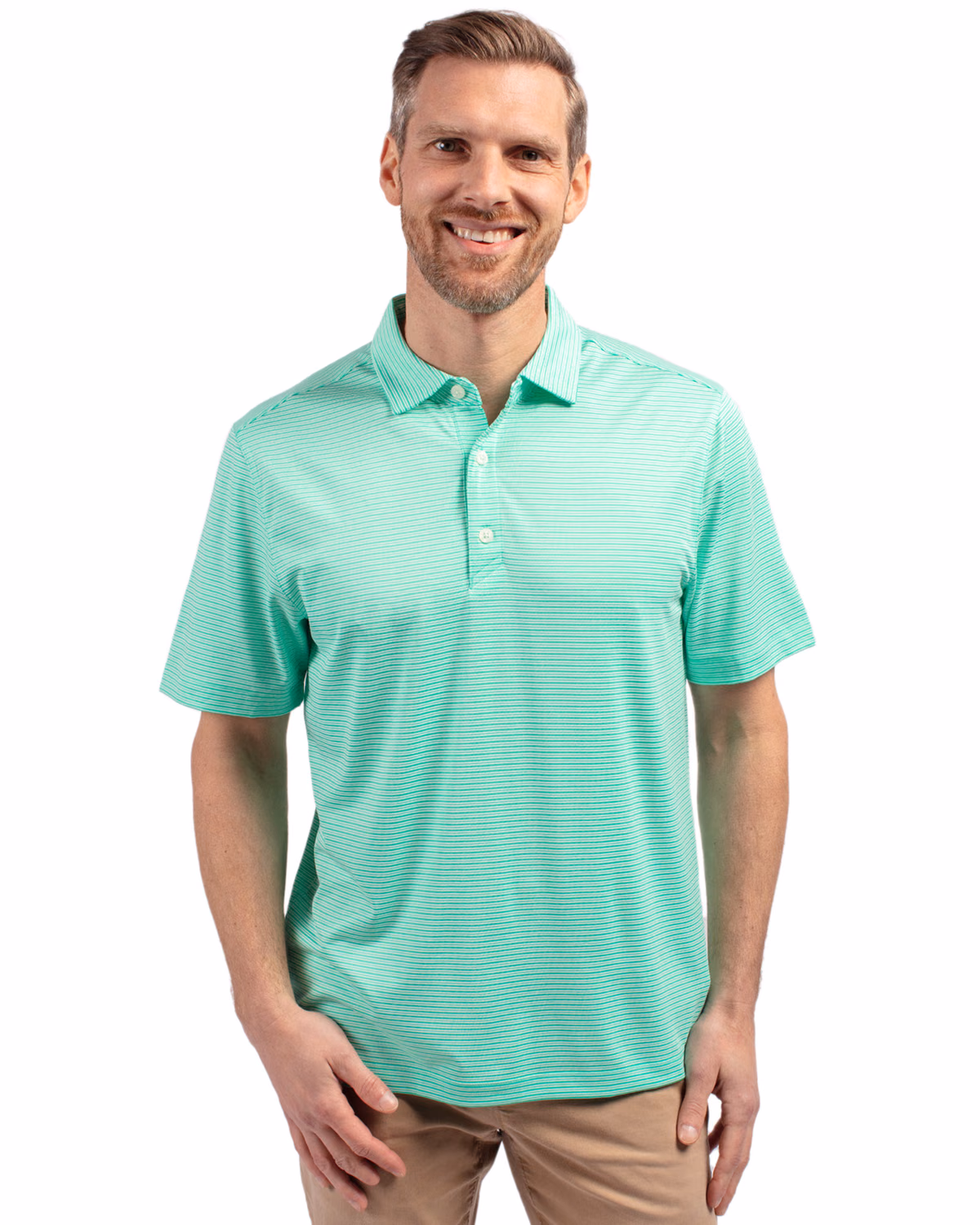 Custom Cutter & Buck Forge Recycled Double Stripe Four-Way Stretch Mens Polo — Fresh Mint/White front