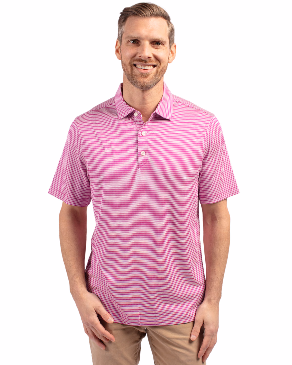 Custom Cutter & Buck Forge Recycled Double Stripe Four-Way Stretch Mens Polo — Gelato/White front