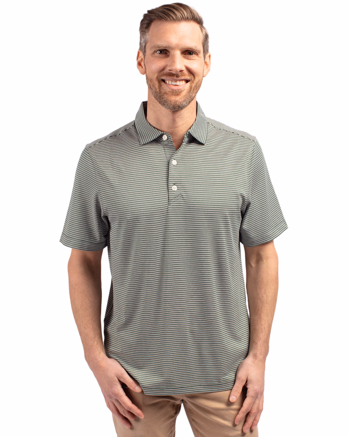 Custom Cutter & Buck Forge Recycled Double Stripe Four-Way Stretch Mens Polo — Hunter/White front