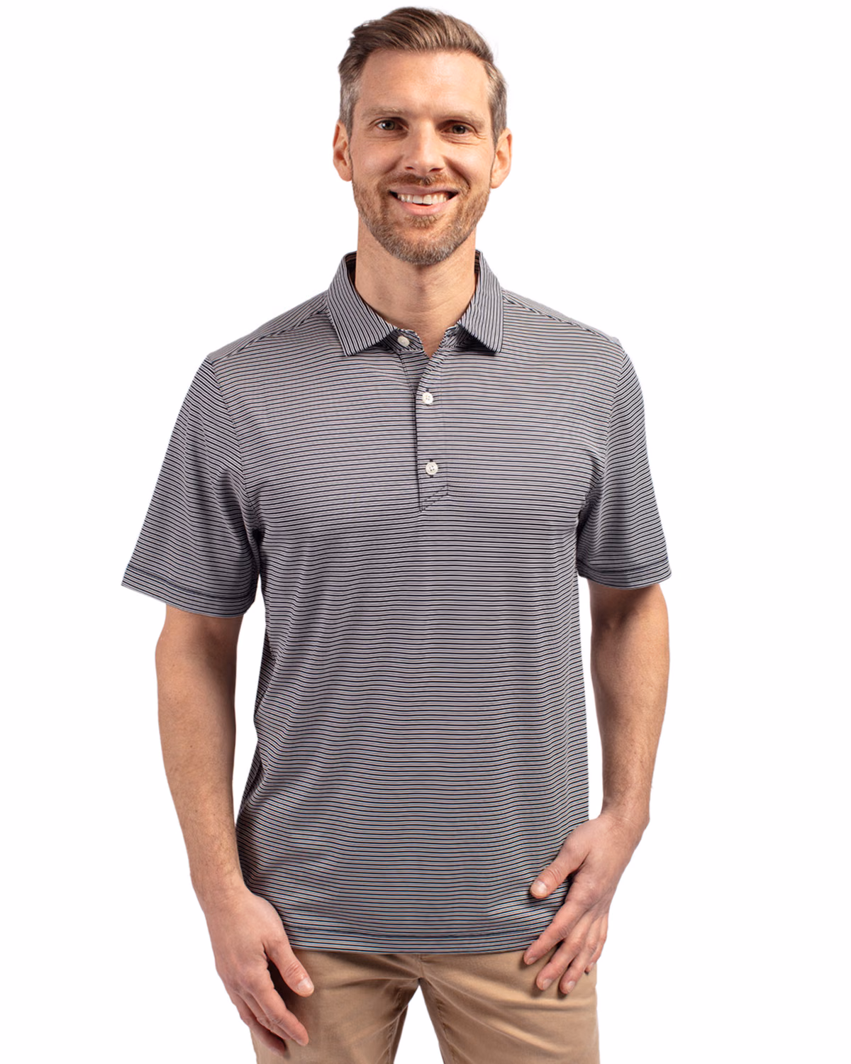 Custom Cutter & Buck Forge Recycled Double Stripe Four-Way Stretch Mens Polo — Navy Blue/White front