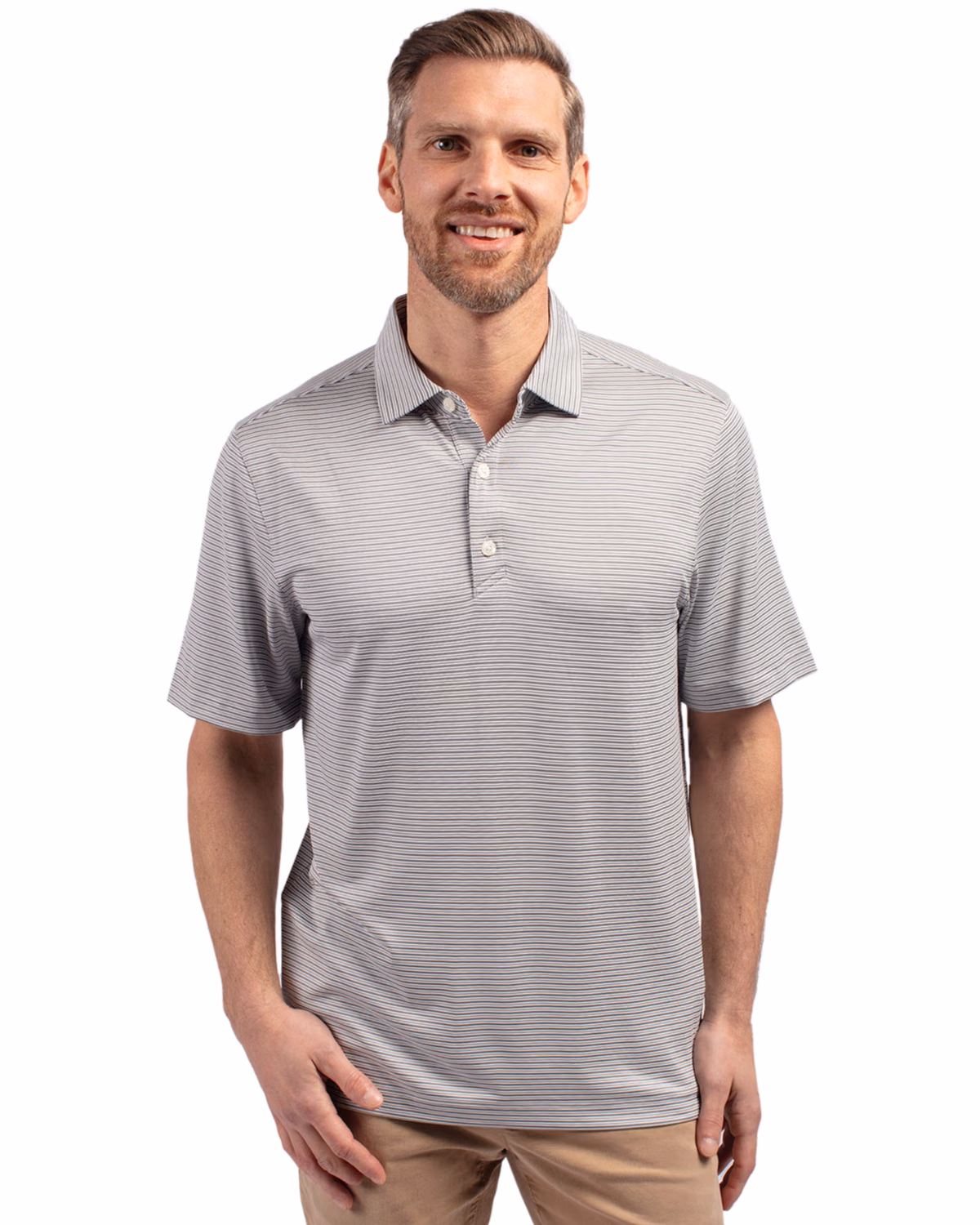 Custom Cutter & Buck Forge Recycled Double Stripe Four-Way Stretch Mens Polo — Polished/White front