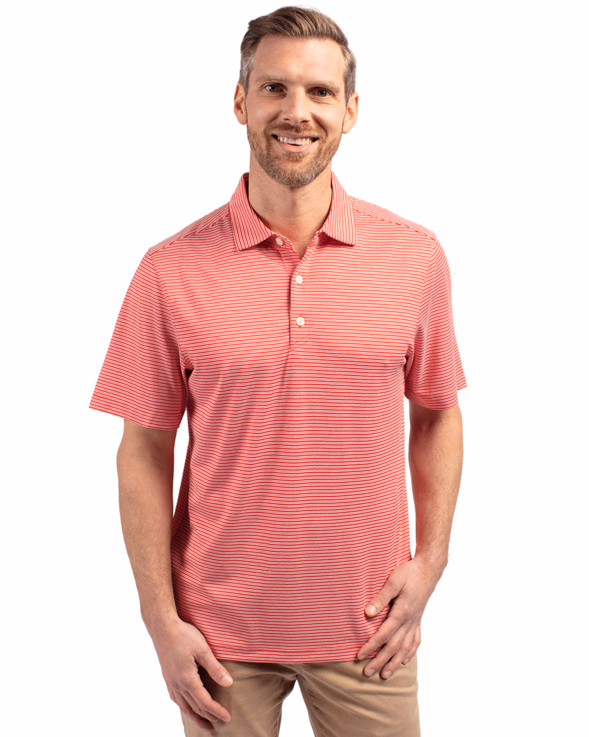 Custom Cutter & Buck Forge Recycled Double Stripe Four-Way Stretch Mens Polo — Red/White front