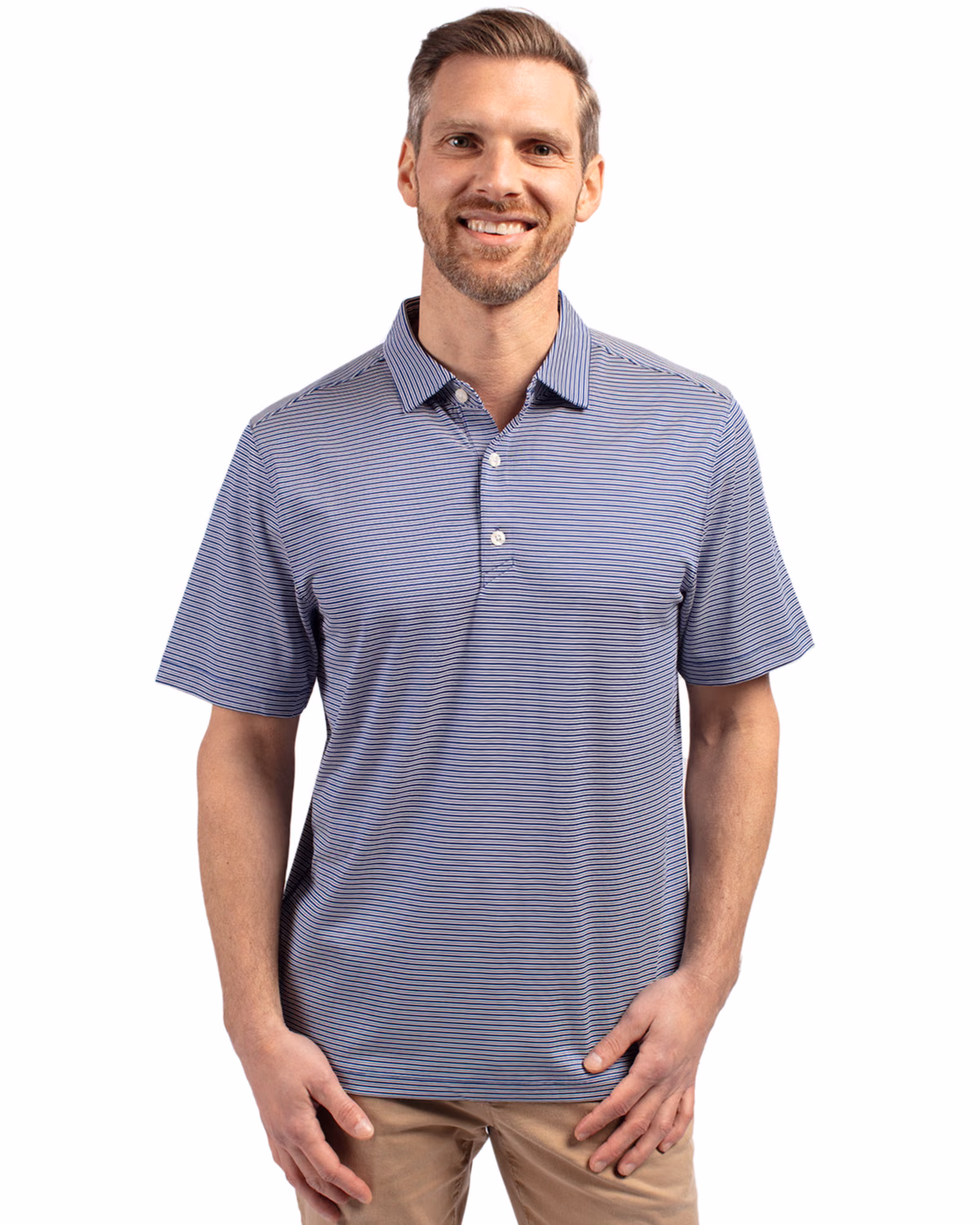 Custom Cutter & Buck Forge Recycled Double Stripe Four-Way Stretch Mens Polo — Tour Blue/White front