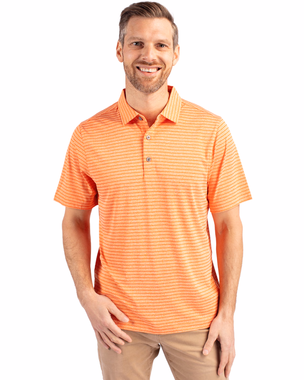 Custom Cutter & Buck Forge Recycled Heather Stripe Four-Way Stretch Mens Polo — College Orange Heather front
