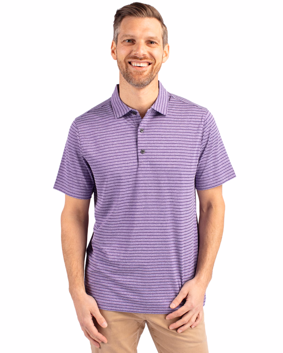 Custom Cutter & Buck Forge Recycled Heather Stripe Four-Way Stretch Mens Polo — College Purple Heather front
