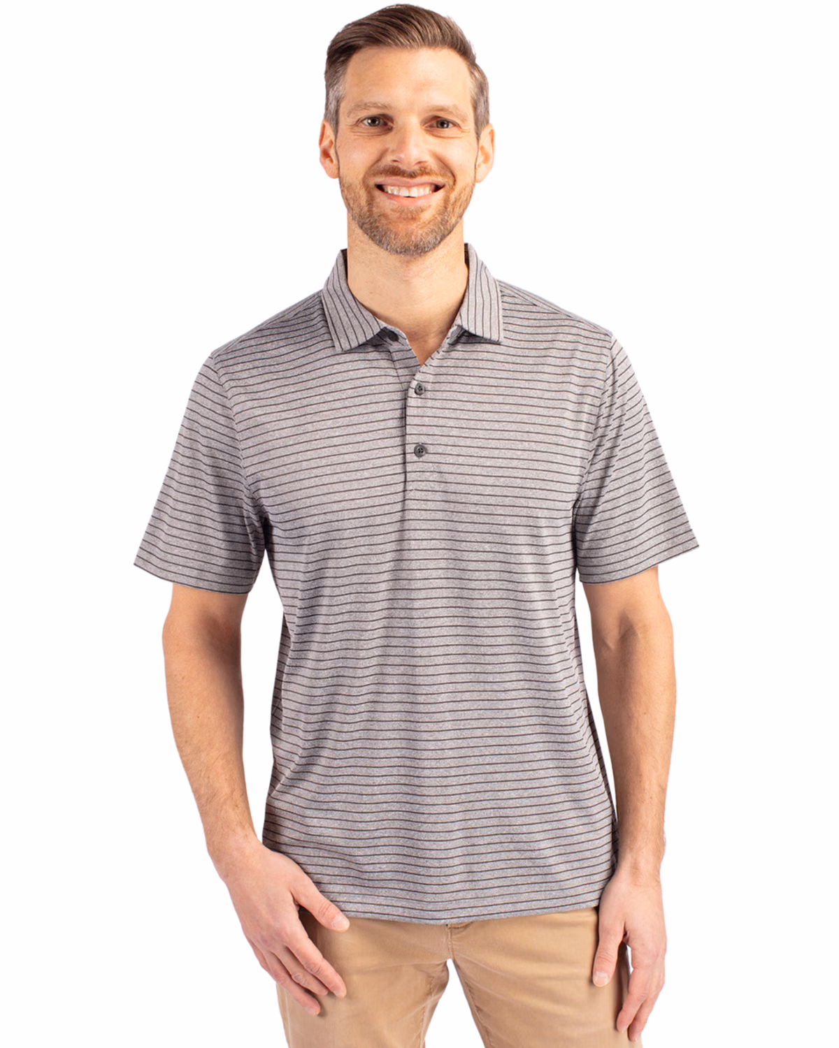 Custom Cutter & Buck Forge Recycled Heather Stripe Four-Way Stretch Mens Polo — Elemental Grey Heather front