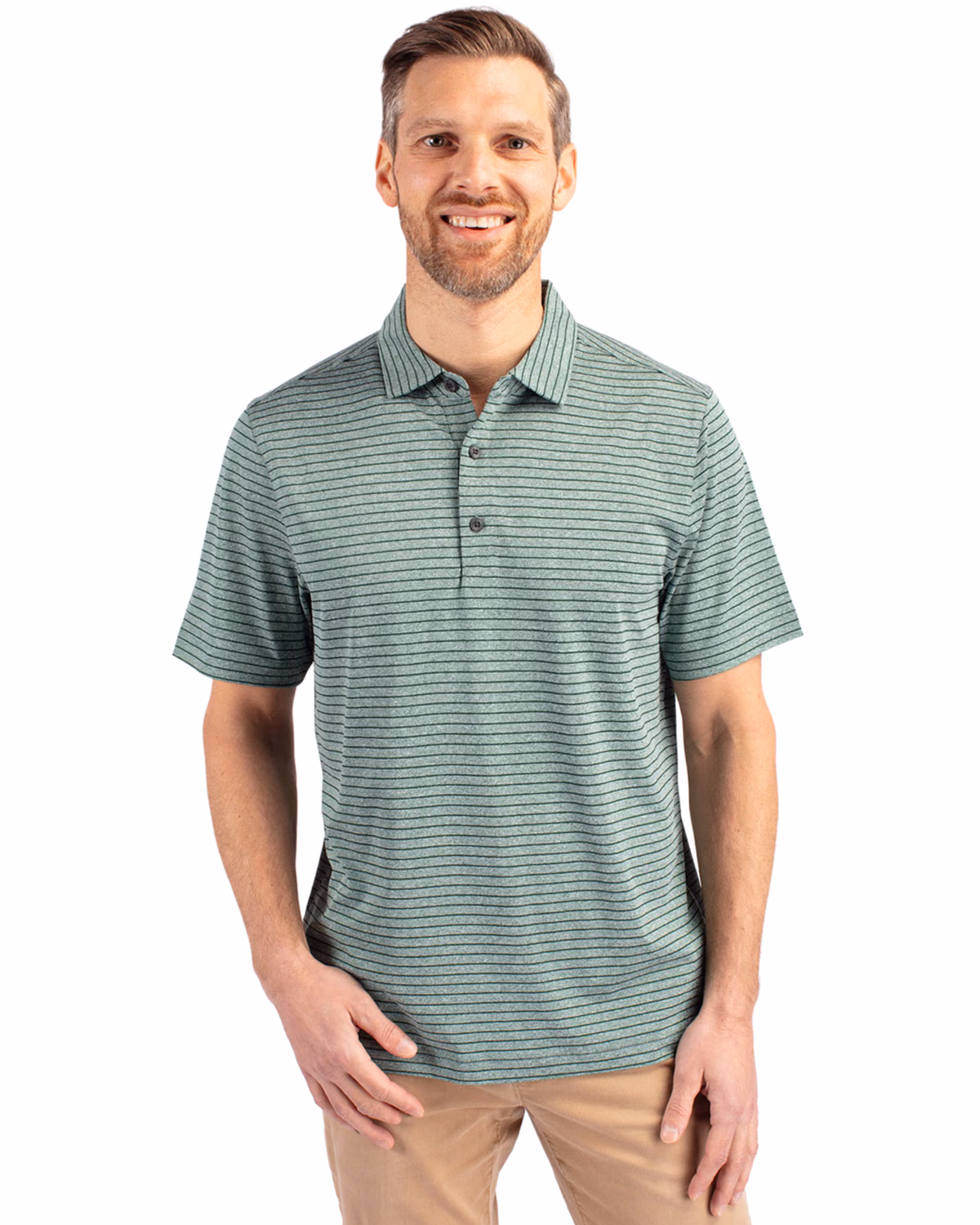Custom Cutter & Buck Forge Recycled Heather Stripe Four-Way Stretch Mens Polo — Hunter Heather front