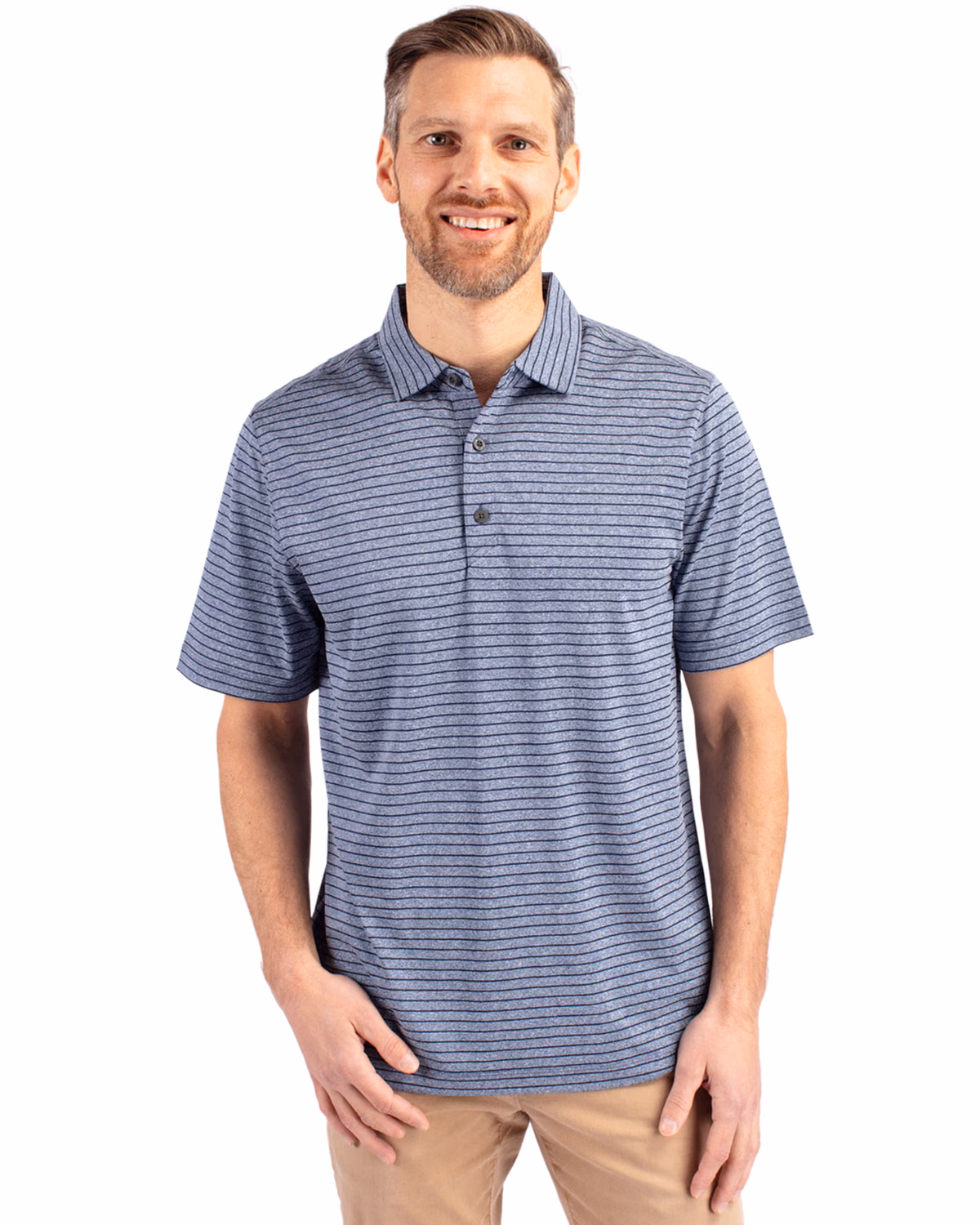 Custom Cutter & Buck Forge Recycled Heather Stripe Four-Way Stretch Mens Polo — Navy Blue Heather front
