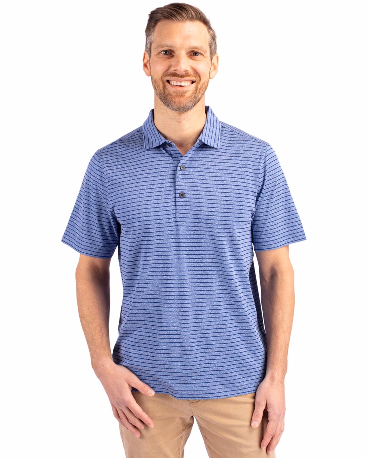 Custom Cutter & Buck Forge Recycled Heather Stripe Four-Way Stretch Mens Polo — Tour Blue Heather front