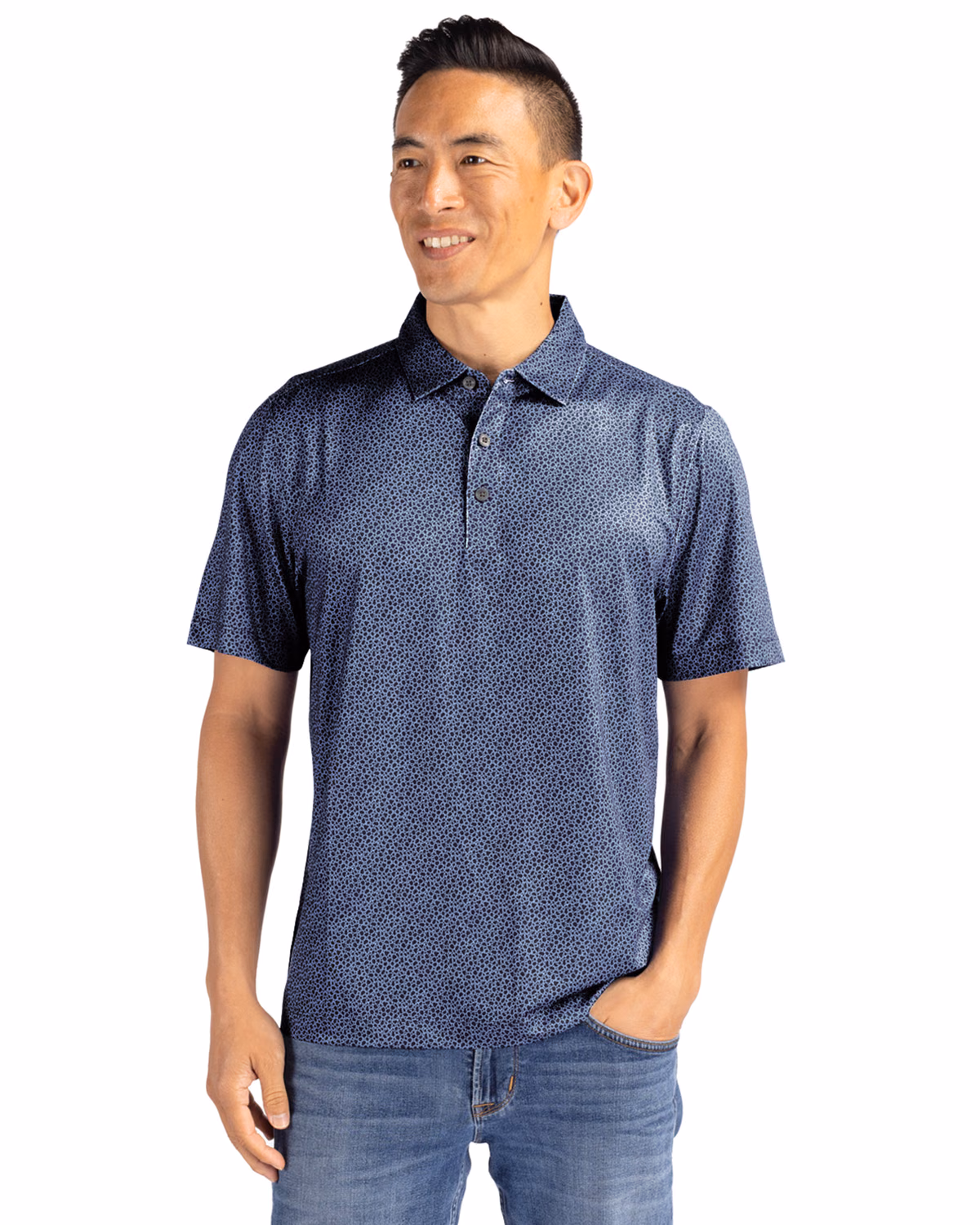 Custom Cutter & Buck Pike Recycled Pebble Print Mens Polo — Navy Blue/White front