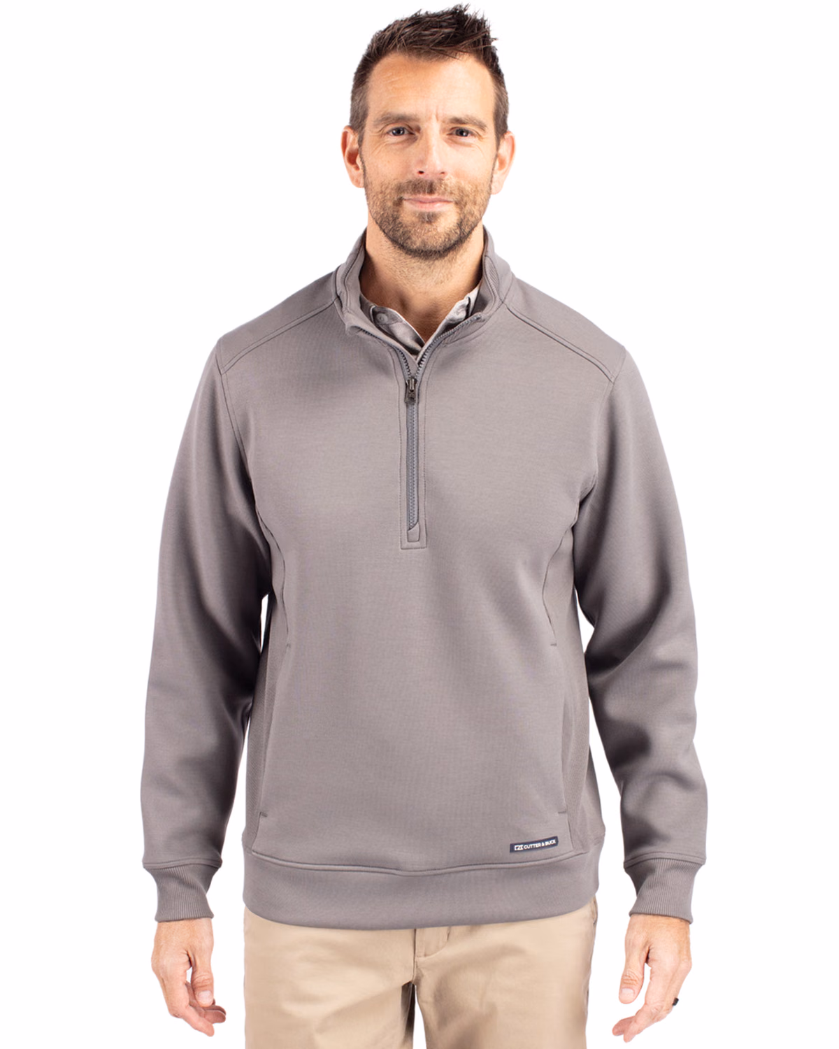 Custom Cutter & Buck Roam Recycled Buttery-Soft Knit Mens Quarter Zip Jacket — Elemental Grey front