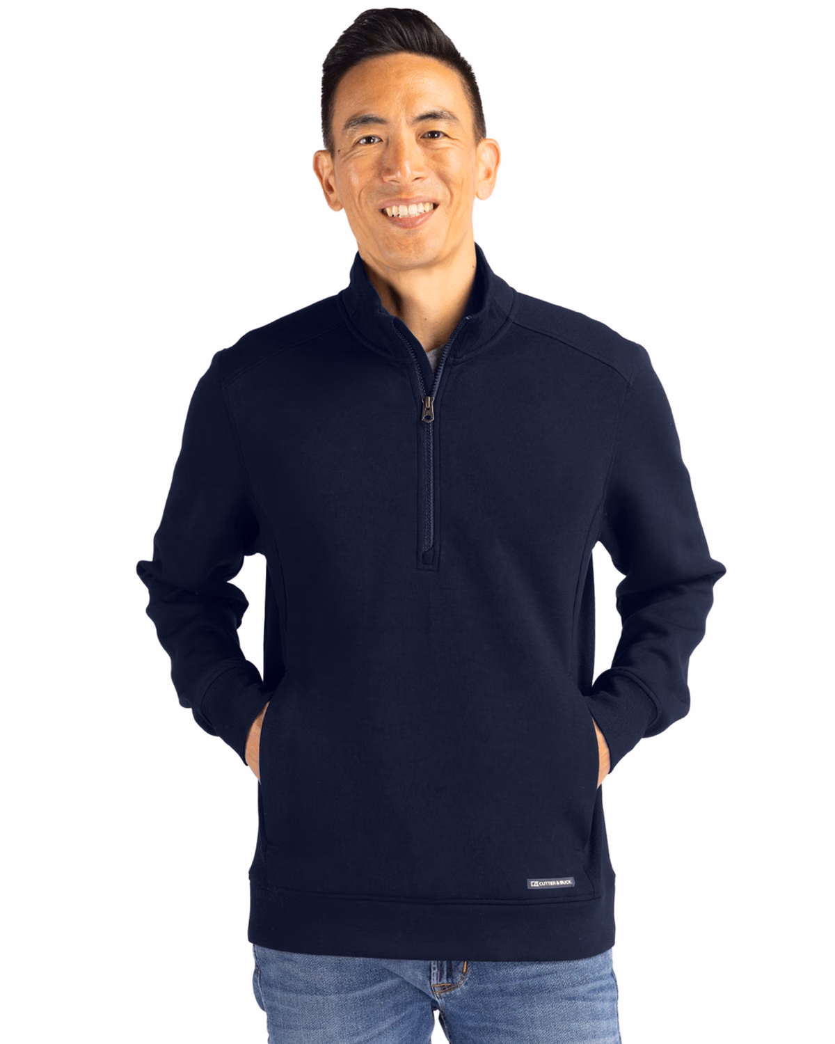 Custom Cutter & Buck Roam Recycled Buttery-Soft Knit Mens Quarter Zip Jacket — Navy Blue front