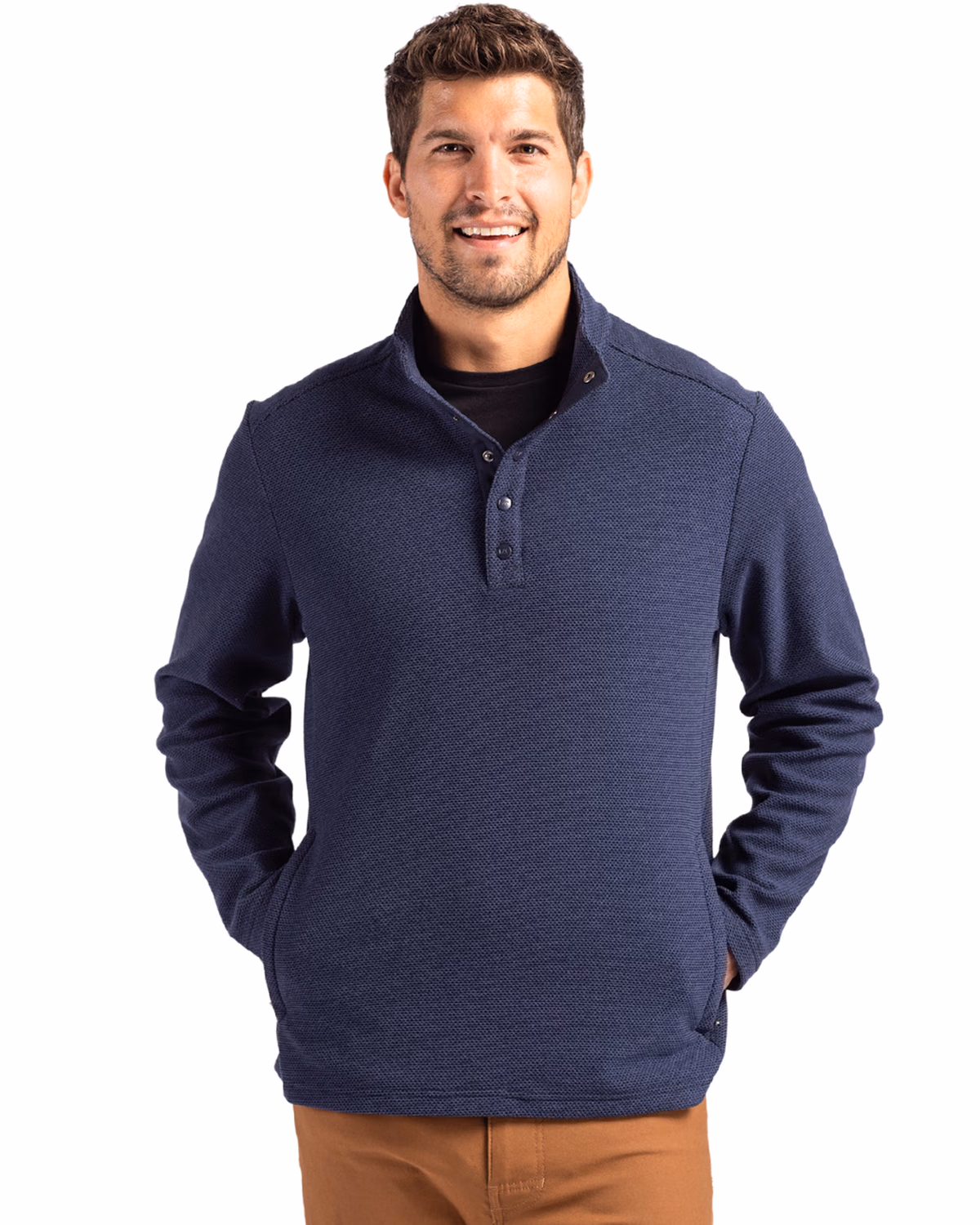 Custom Cutter & Buck Hunts Point Recycled Fleece Mens Hybrid Snap Placket Pullover — Navy Blue front