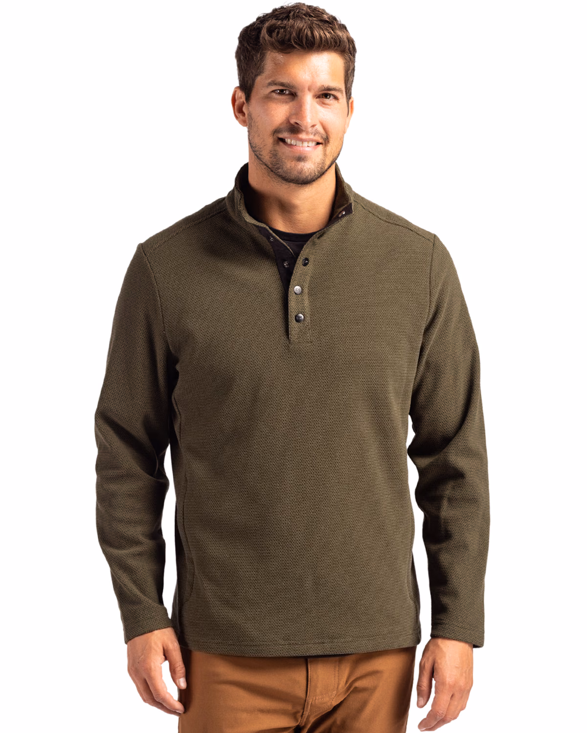 Custom Cutter & Buck Hunts Point Recycled Fleece Mens Hybrid Snap Placket Pullover — Poplar front