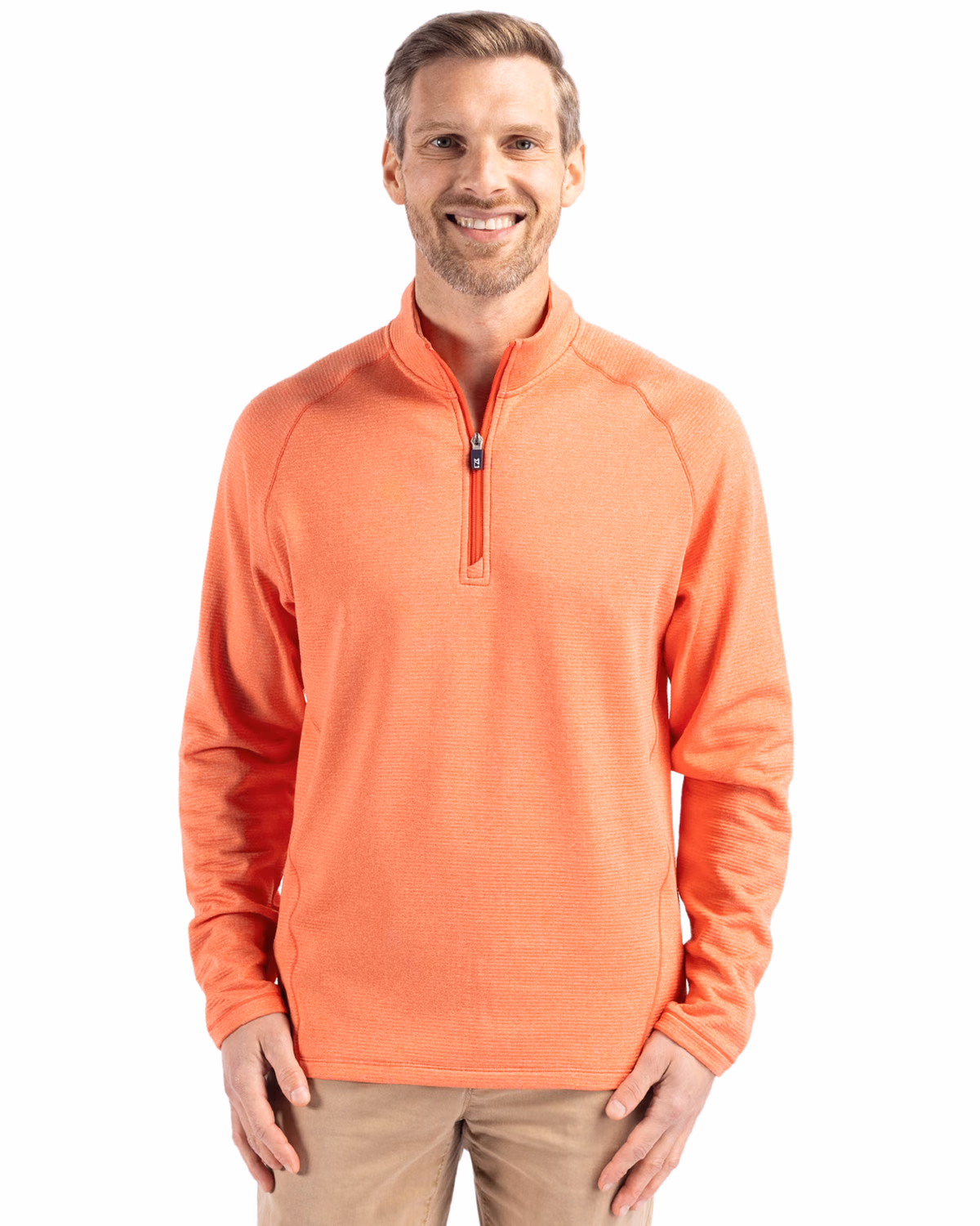 Custom Cutter & Buck Peshastin Recycled Grid Fleece Mens Half Zip Pullover — College Orange Heather front