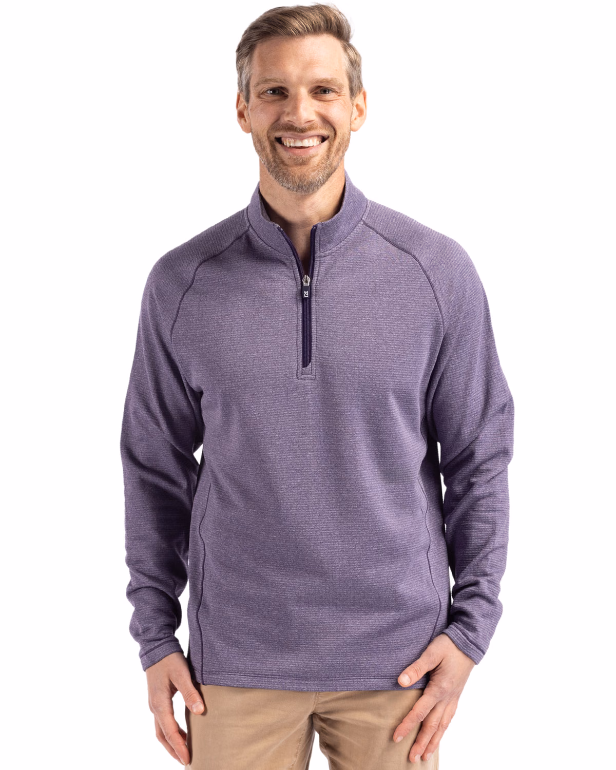 Custom Cutter & Buck Peshastin Recycled Grid Fleece Mens Half Zip Pullover — College Purple Heather front