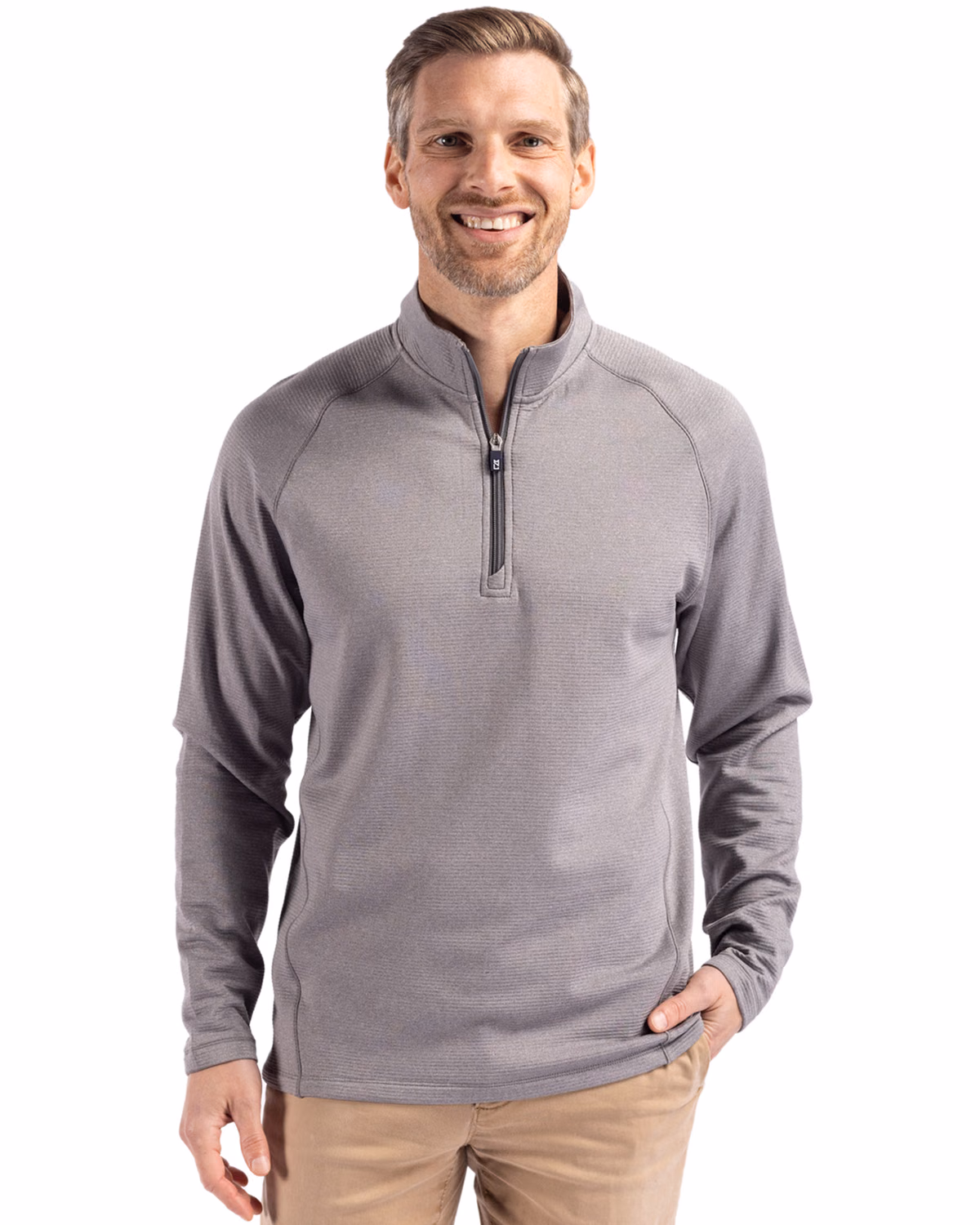 Custom Cutter & Buck Peshastin Recycled Grid Fleece Mens Half Zip Pullover — Elemental Grey Heather front