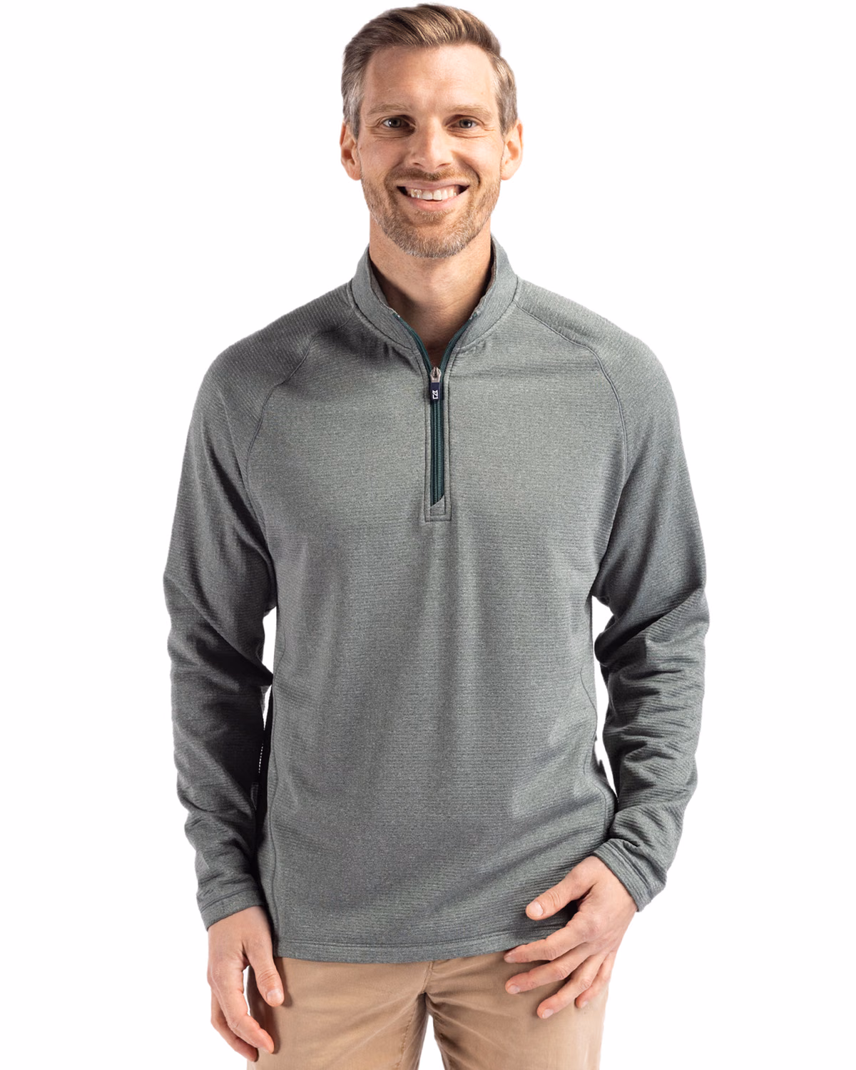 Custom Cutter & Buck Peshastin Recycled Grid Fleece Mens Half Zip Pullover — Hunter Heather front