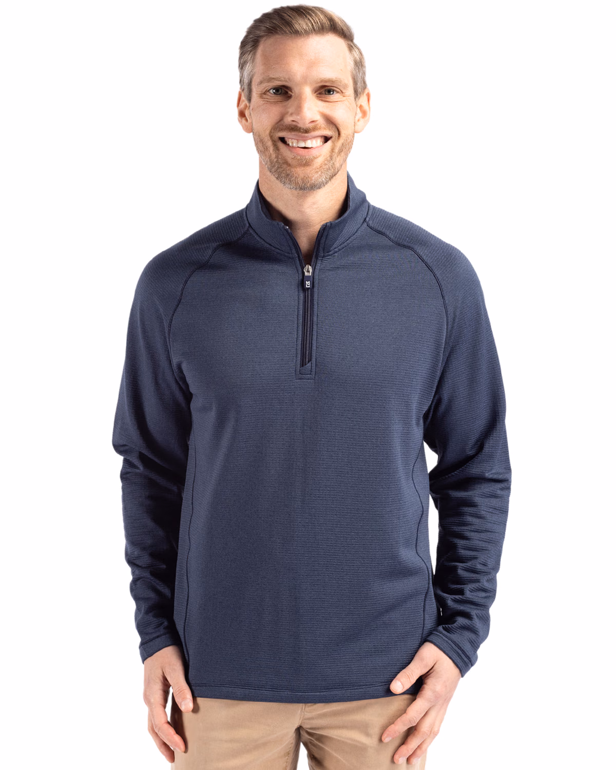 Custom Cutter & Buck Peshastin Recycled Grid Fleece Mens Half Zip Pullover — Navy Blue Heather front