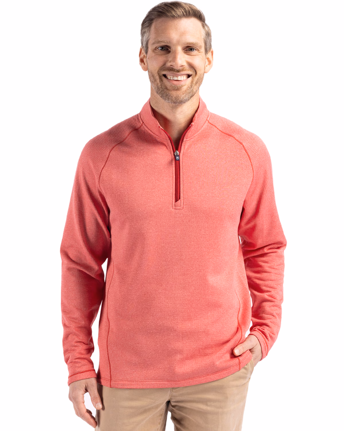 Custom Cutter & Buck Peshastin Recycled Grid Fleece Mens Half Zip Pullover — Red Heather front