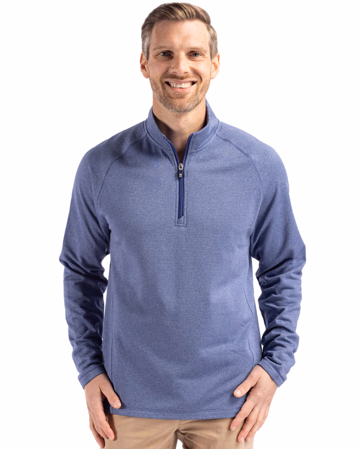 Custom Cutter & Buck Peshastin Recycled Grid Fleece Mens Half Zip Pullover — Tour Blue Heather front