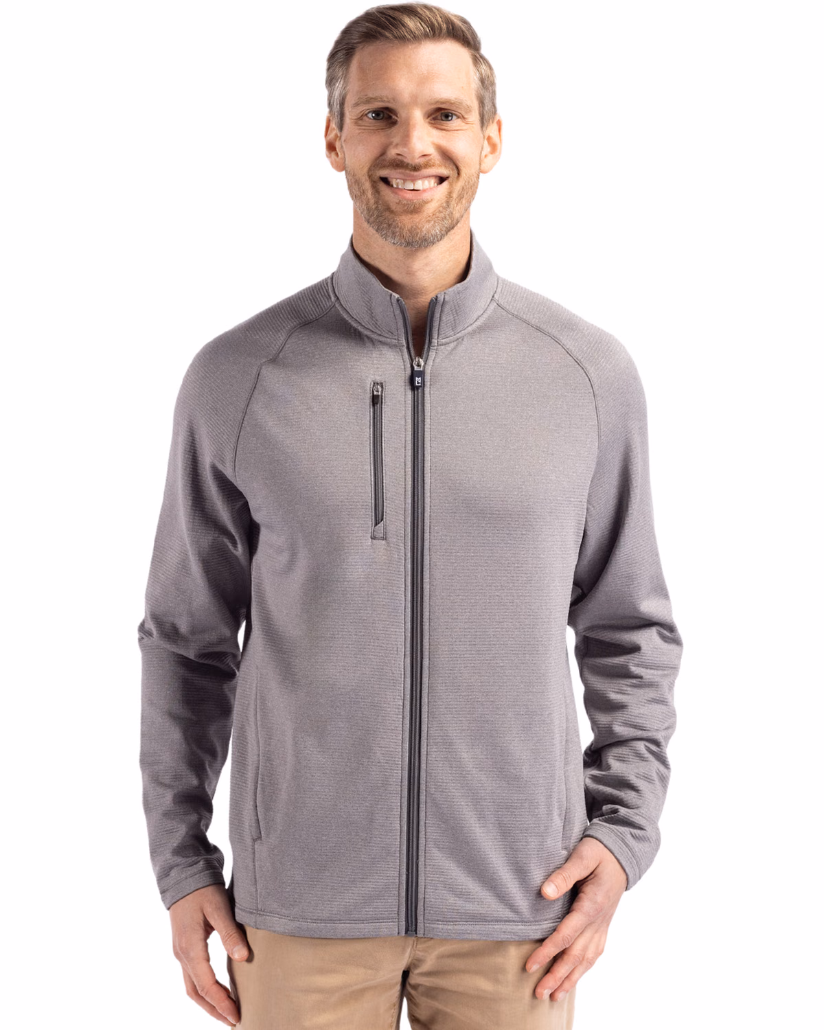 Custom Cutter & Buck Peshastin Recycled Grid Fleece Mens Full Zip Jacket — Elemental Grey Heather front