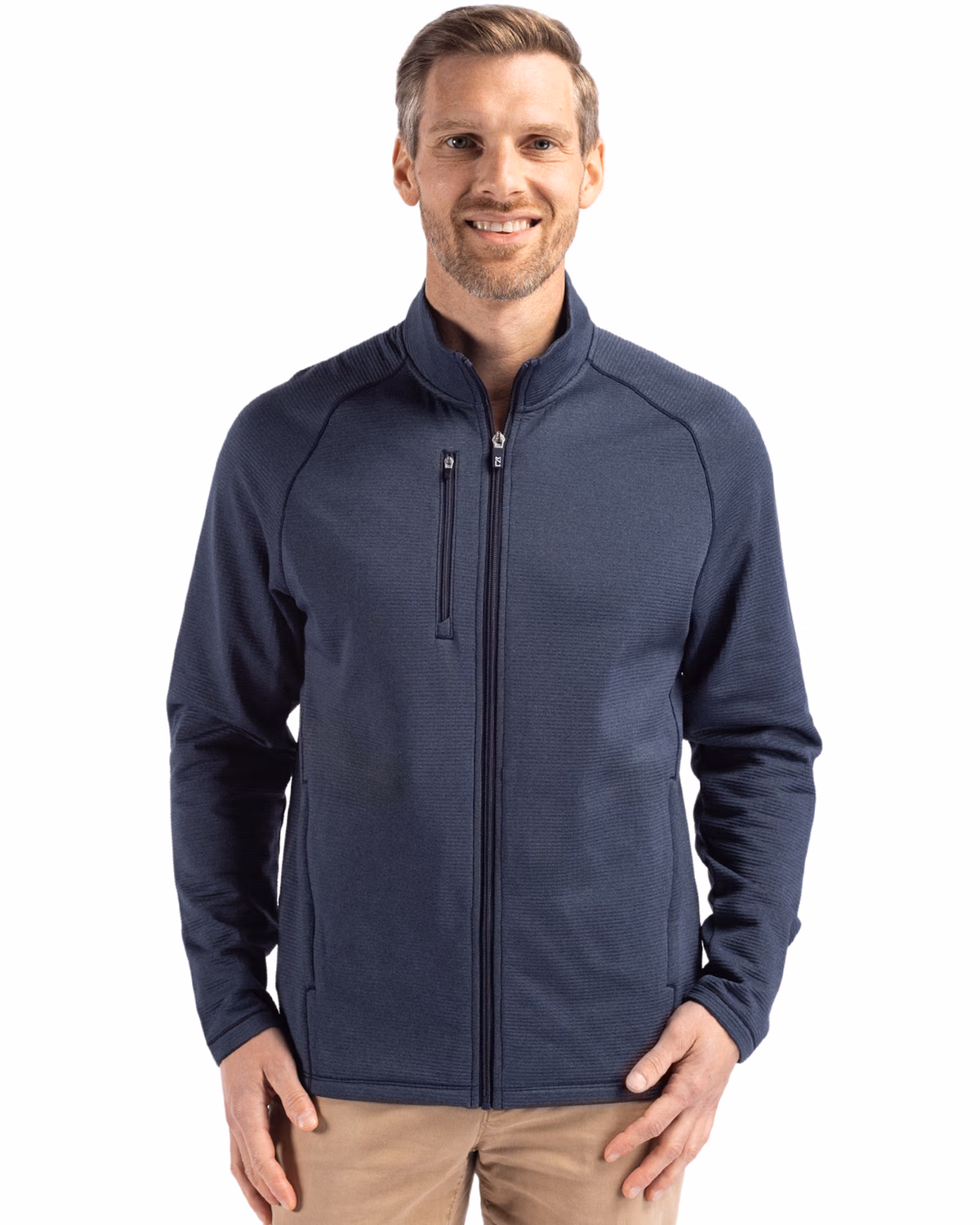 Custom Cutter & Buck Peshastin Recycled Grid Fleece Mens Full Zip Jacket — Navy Blue Heather front
