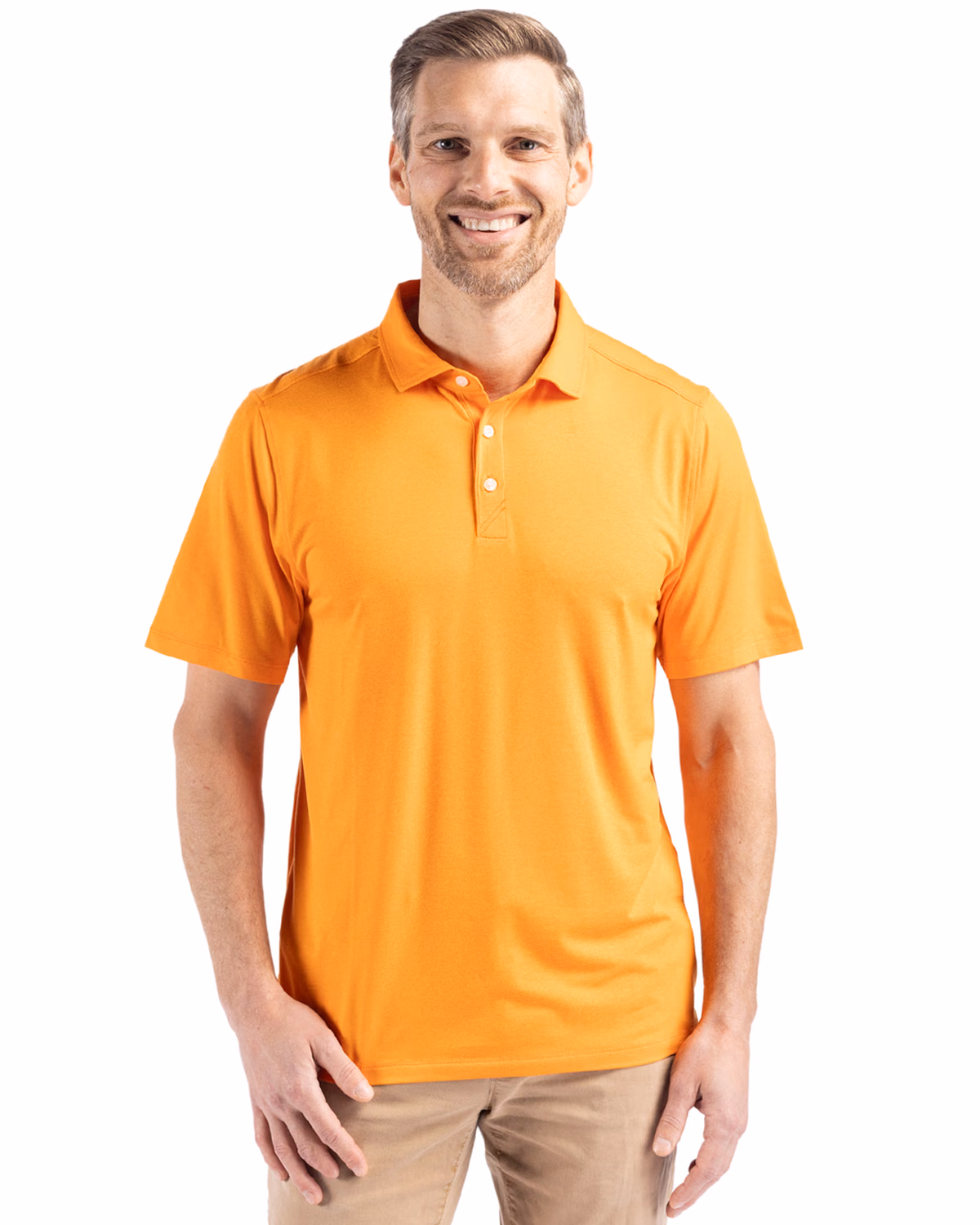Custom Cutter & Buck Coastline Recycled Double Peached Mens Polo — Orange Burst front