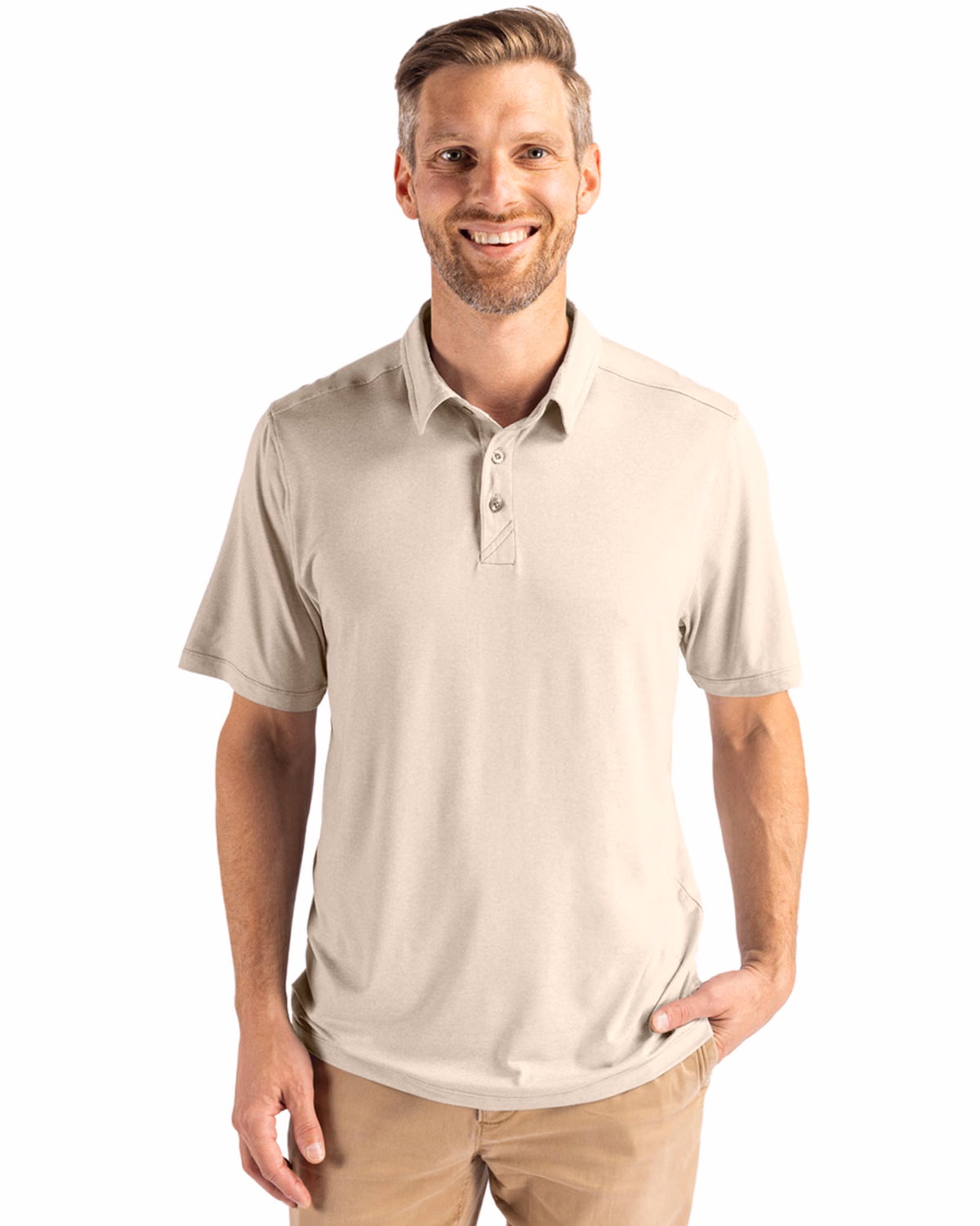 Custom Cutter & Buck Coastline Recycled Double Peached Mens Polo — Wheat front