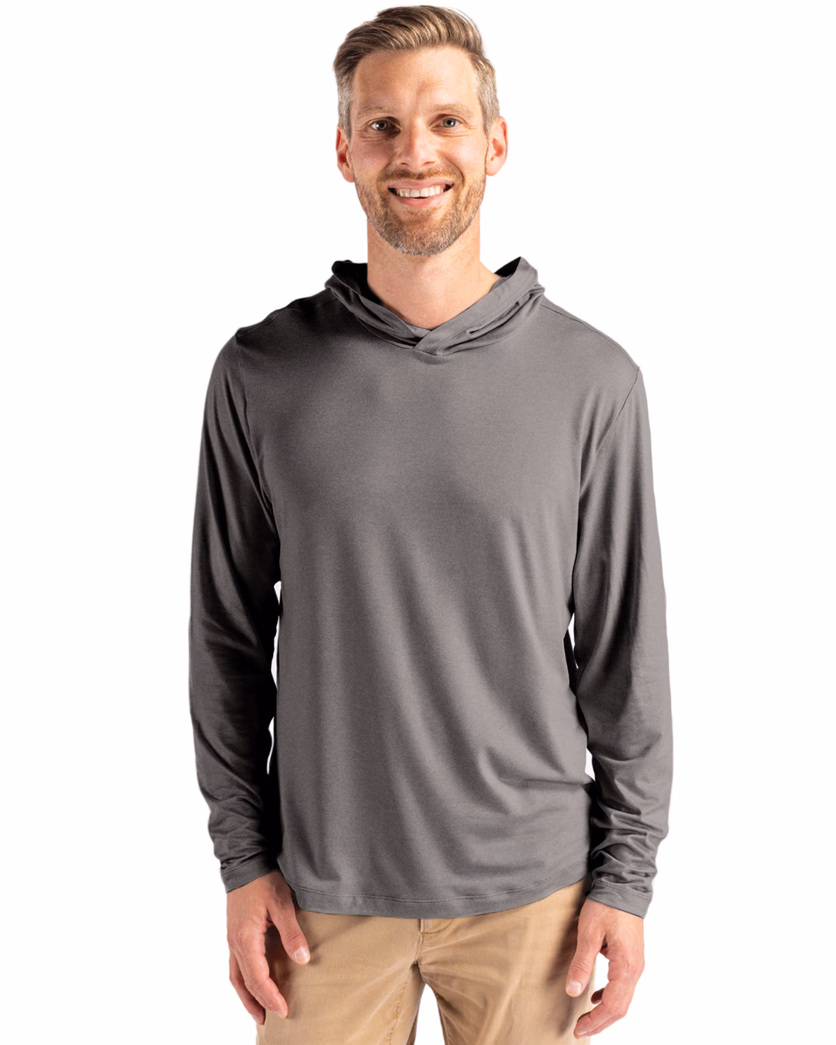 Custom Cutter & Buck Coastline Recycled Double Peached Mens Hooded Pullover — Elemental Grey front