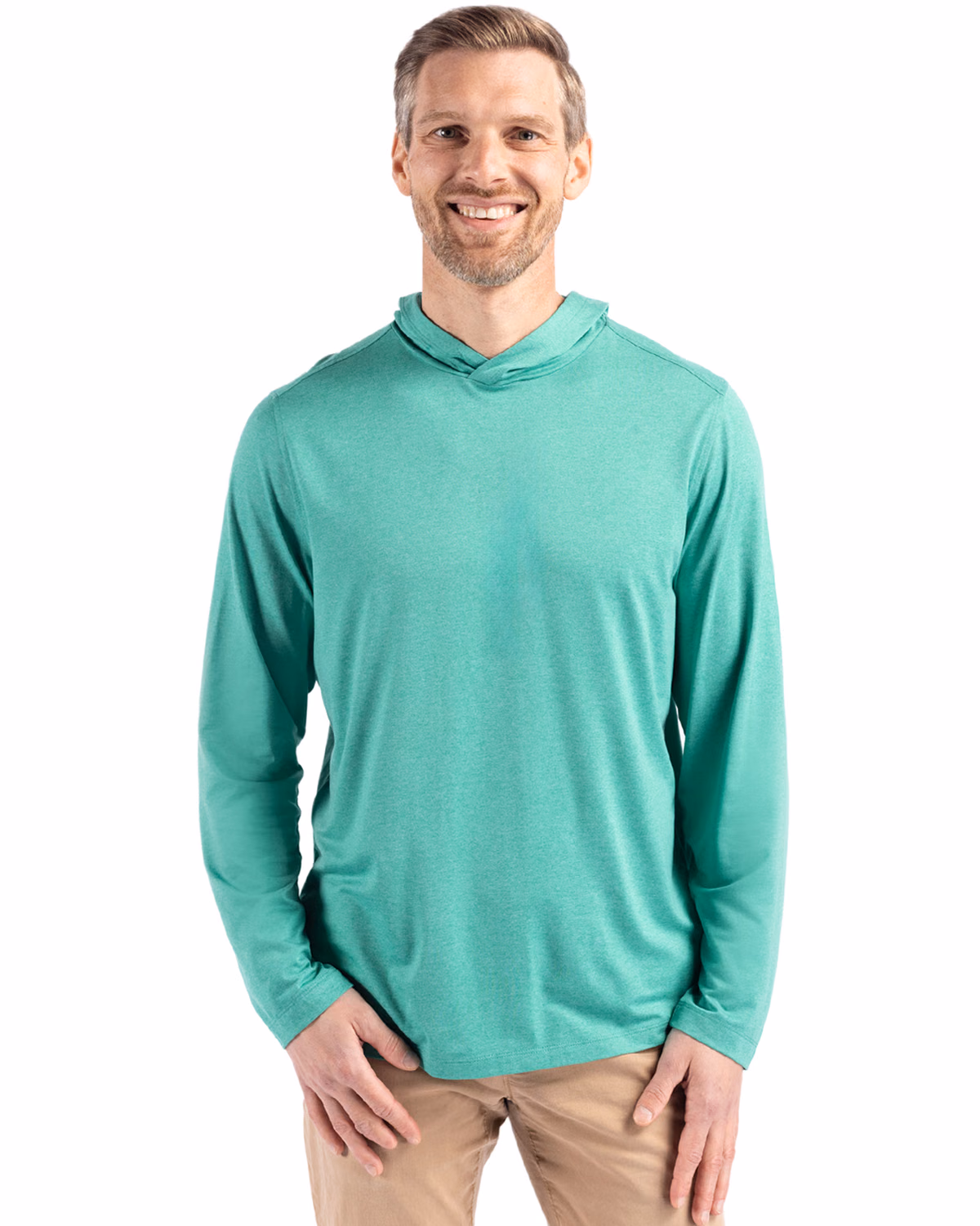 Custom Cutter & Buck Coastline Recycled Double Peached Mens Hooded Pullover — Kelly Green front