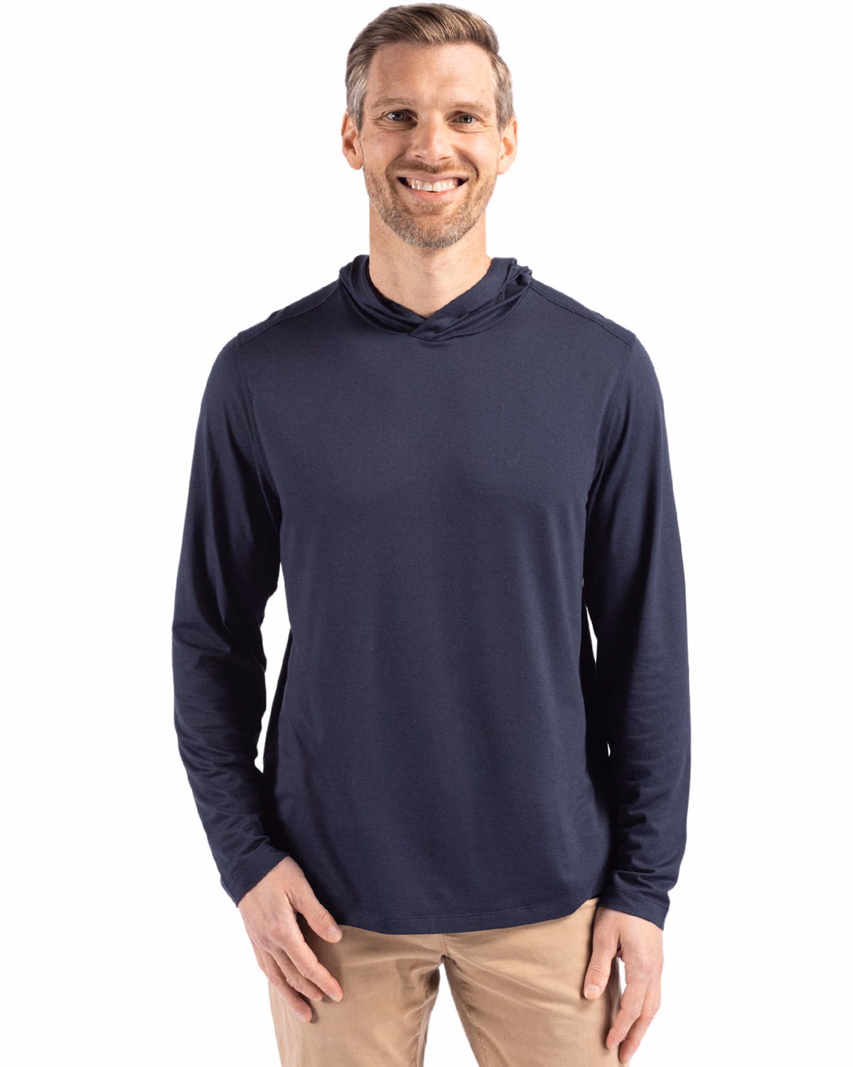 Custom Cutter & Buck Coastline Recycled Double Peached Mens Hooded Pullover — Navy Blue front