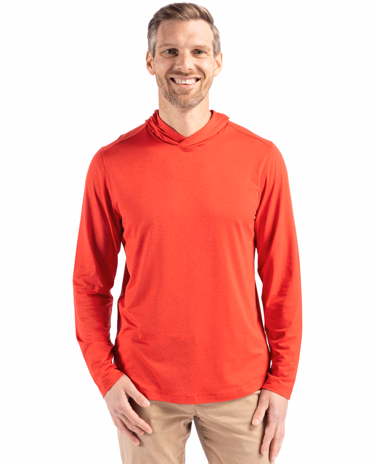 Custom Cutter & Buck Coastline Recycled Double Peached Mens Hooded Pullover — Red front