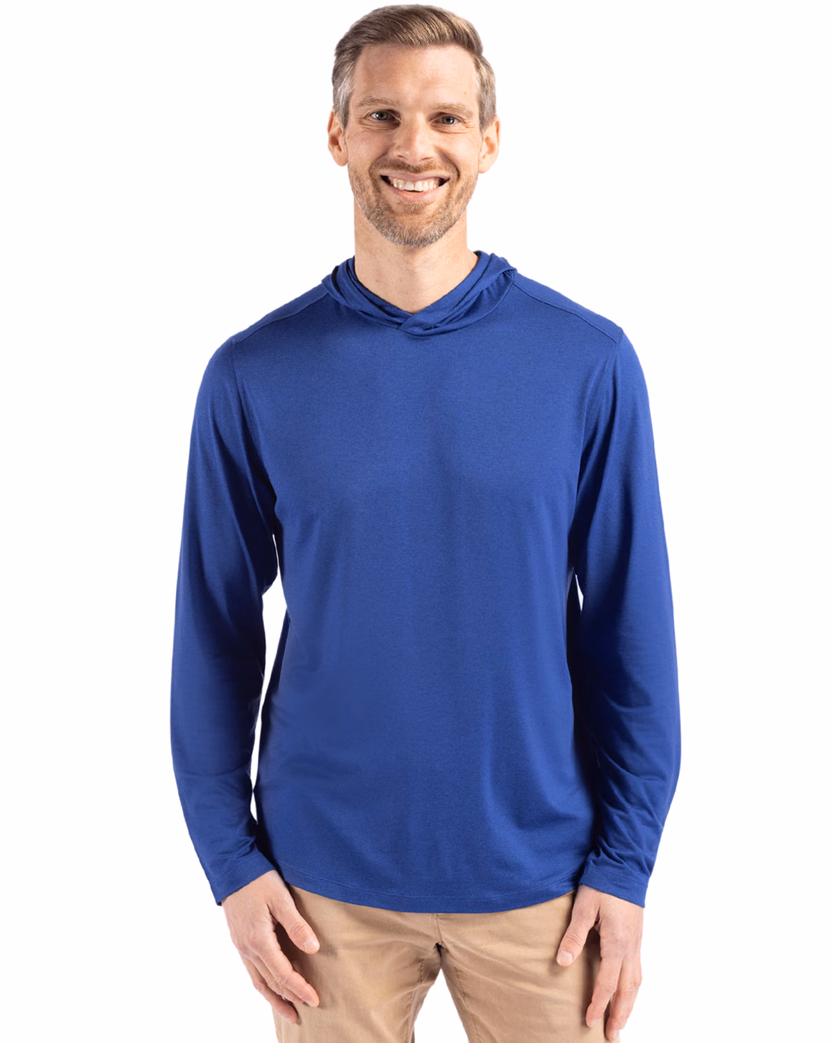 Custom Cutter & Buck Coastline Recycled Double Peached Mens Hooded Pullover — Tour Blue front