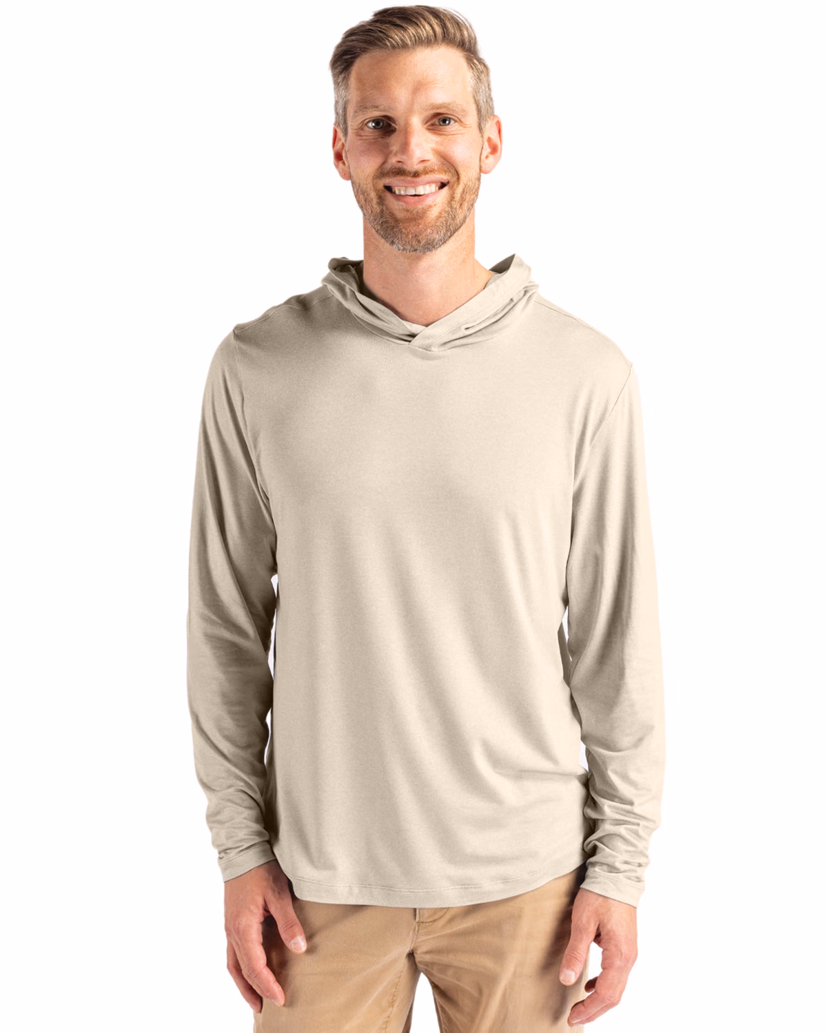 Custom Cutter & Buck Coastline Recycled Double Peached Mens Hooded Pullover — Wheat front
