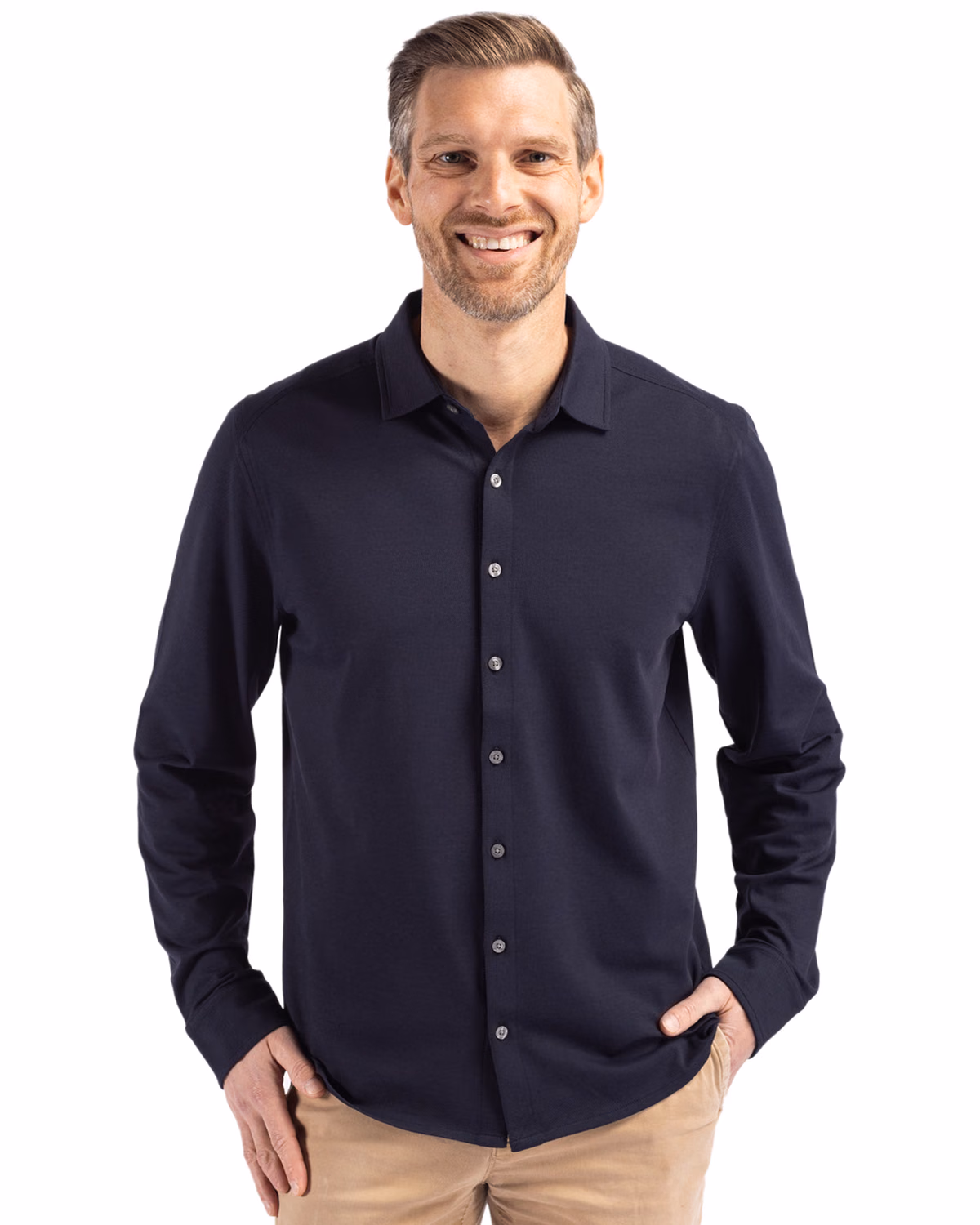 Custom Cutter & Buck Advantage Recycled Cotton-Blend Pique Mens Long Sleeve Button Down Shirt — Liberty Navy front