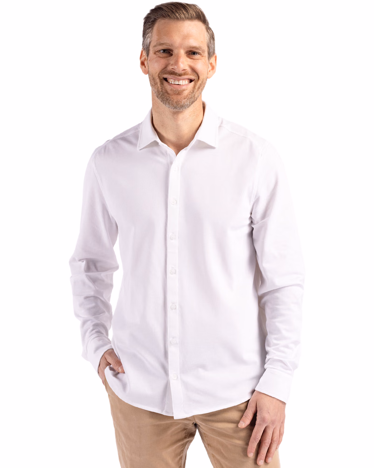 Custom Cutter & Buck Advantage Recycled Cotton-Blend Pique Mens Long Sleeve Button Down Shirt — White front