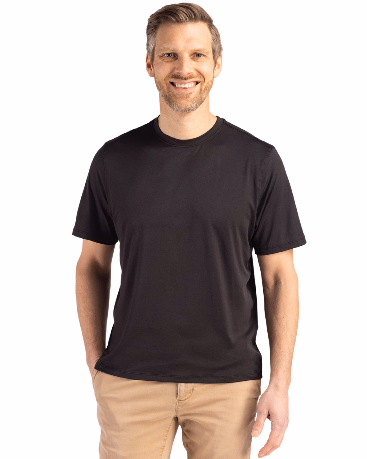 Custom Cutter & Buck Coastline Recycled Double Peached Mens Short Sleeve Tee — Black front