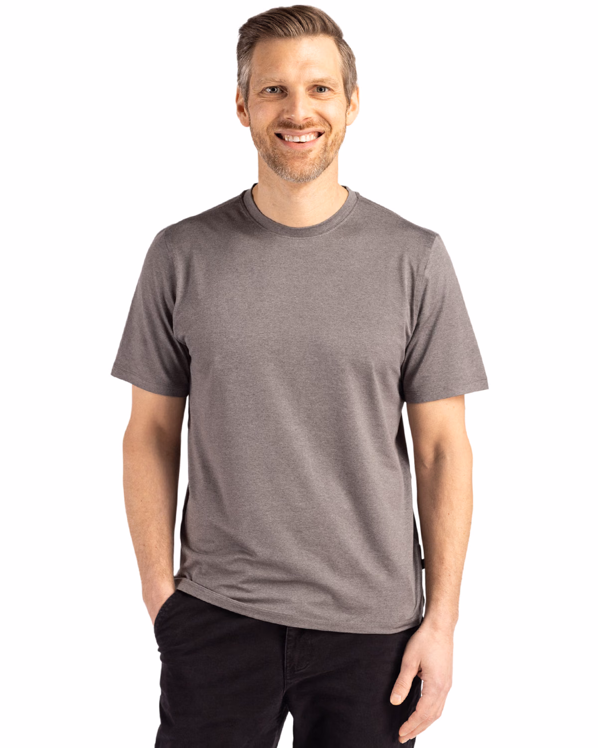 Custom Cutter & Buck Coastline Recycled Double Peached Mens Short Sleeve Tee — Elemental Grey front