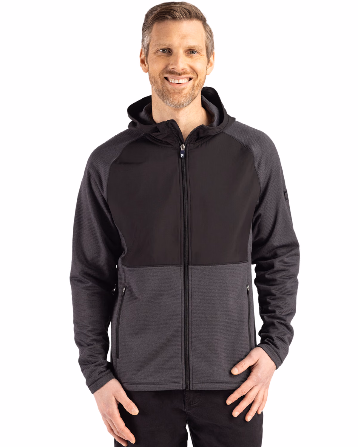 Custom Cutter & Buck Peshastin Recycled Grid Fleece Mens Hybrid Hooded Full Zip Jacket
