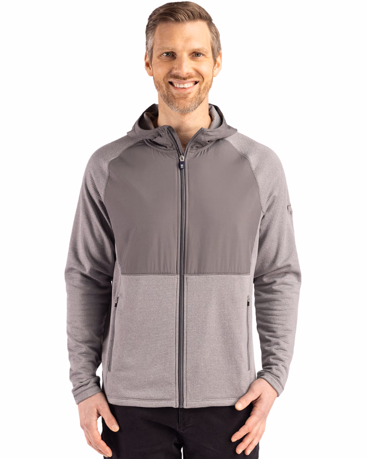 Custom Cutter & Buck Peshastin Recycled Grid Fleece Mens Hybrid Hooded Full Zip Jacket — Elemental Grey Heather front