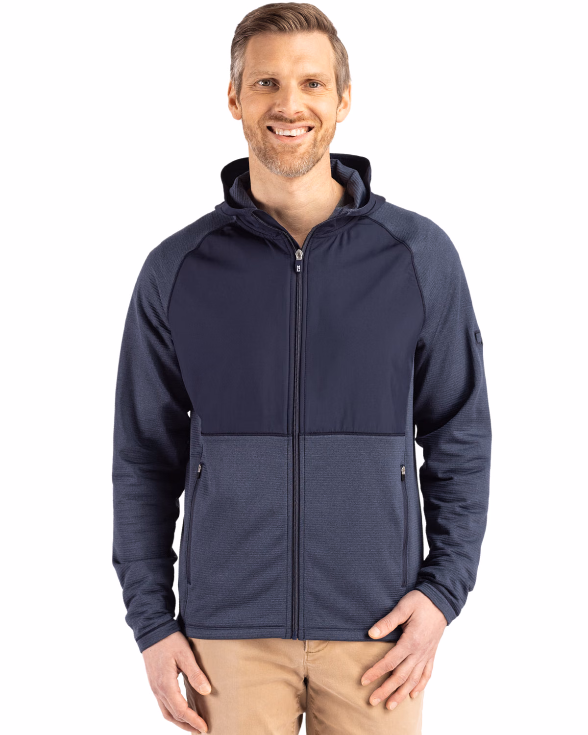 Custom Cutter & Buck Peshastin Recycled Grid Fleece Mens Hybrid Hooded Full Zip Jacket — Navy Blue Heather front