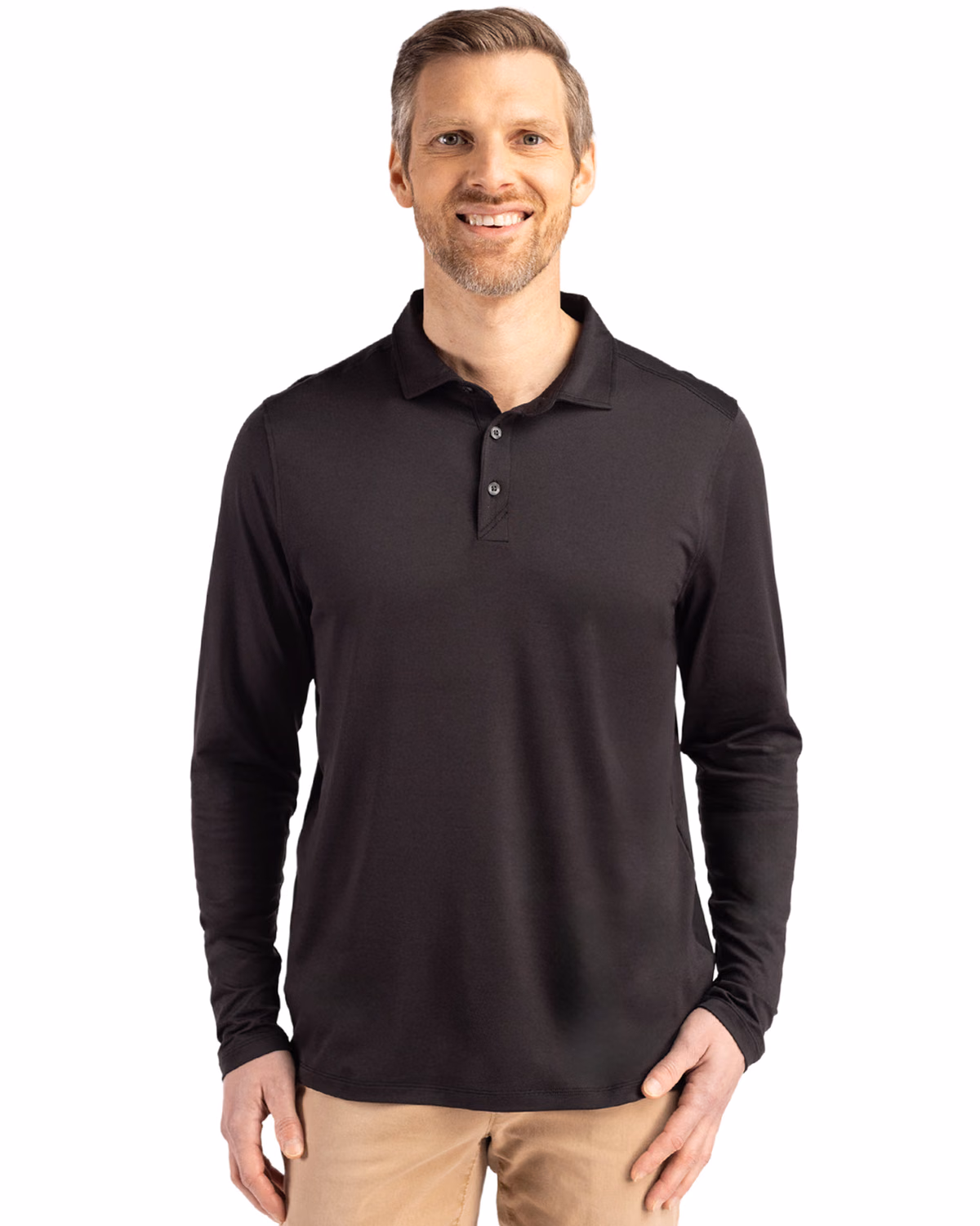 Custom Cutter & Buck Coastline Recycled Double Peached Mens Long Sleeve Polo — Black front