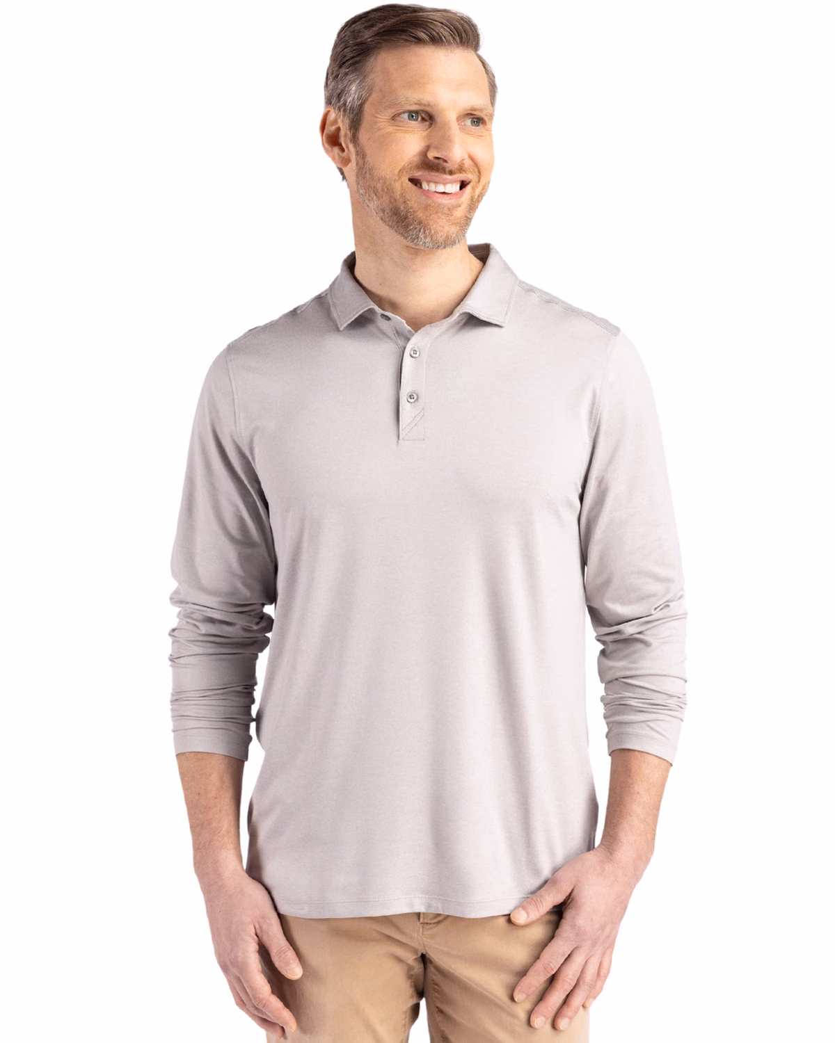 Custom Cutter & Buck Coastline Recycled Double Peached Mens Long Sleeve Polo — CONCRETE front
