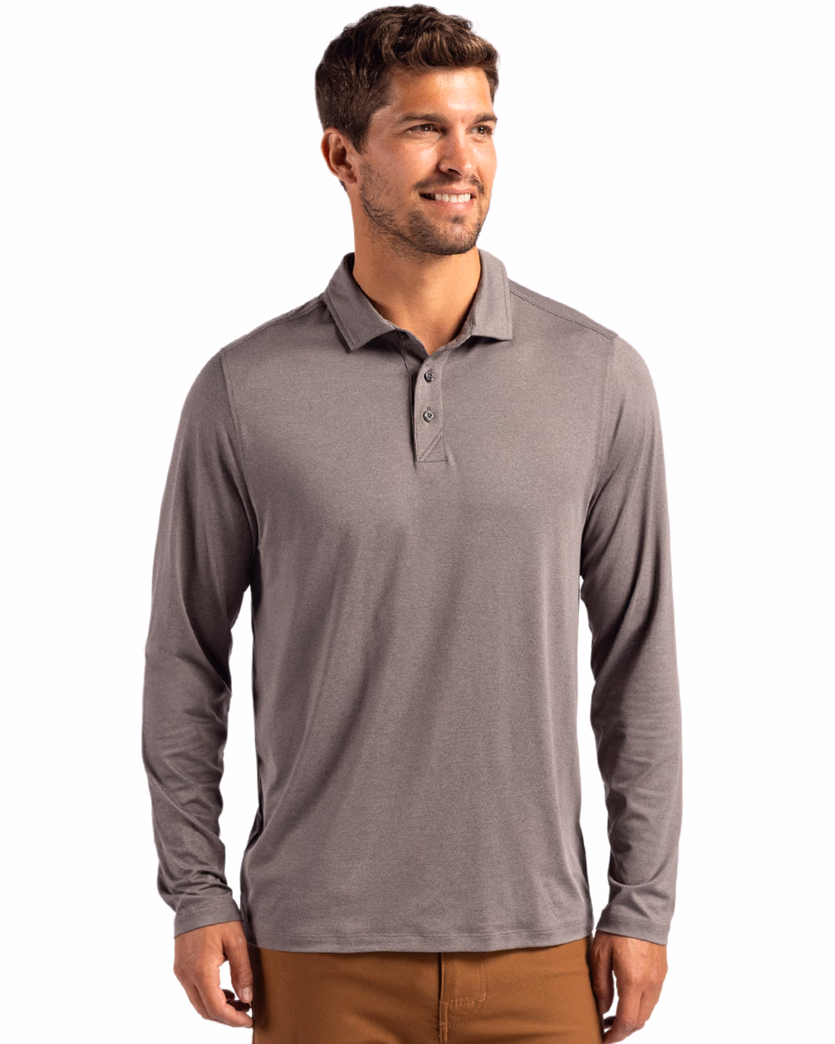 Custom Cutter & Buck Coastline Recycled Double Peached Mens Long Sleeve Polo — Elemental Grey front
