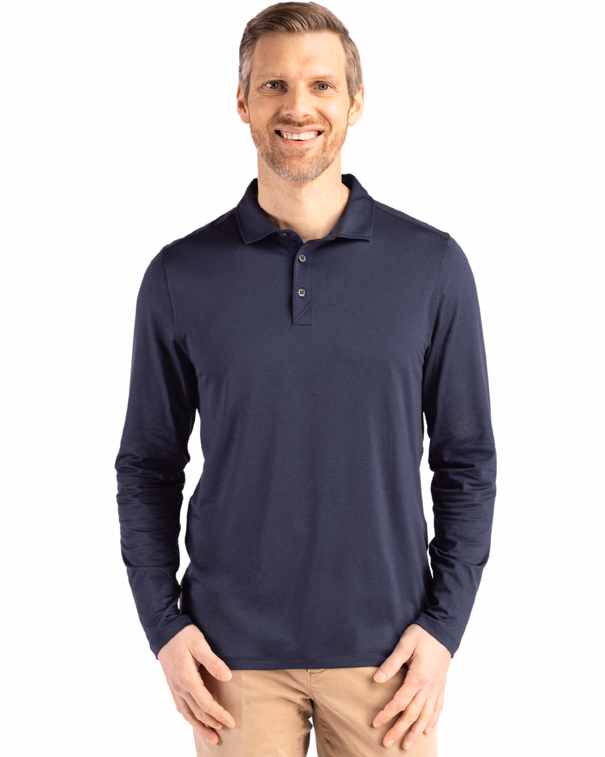 Custom Cutter & Buck Coastline Recycled Double Peached Mens Long Sleeve Polo — Navy Blue front