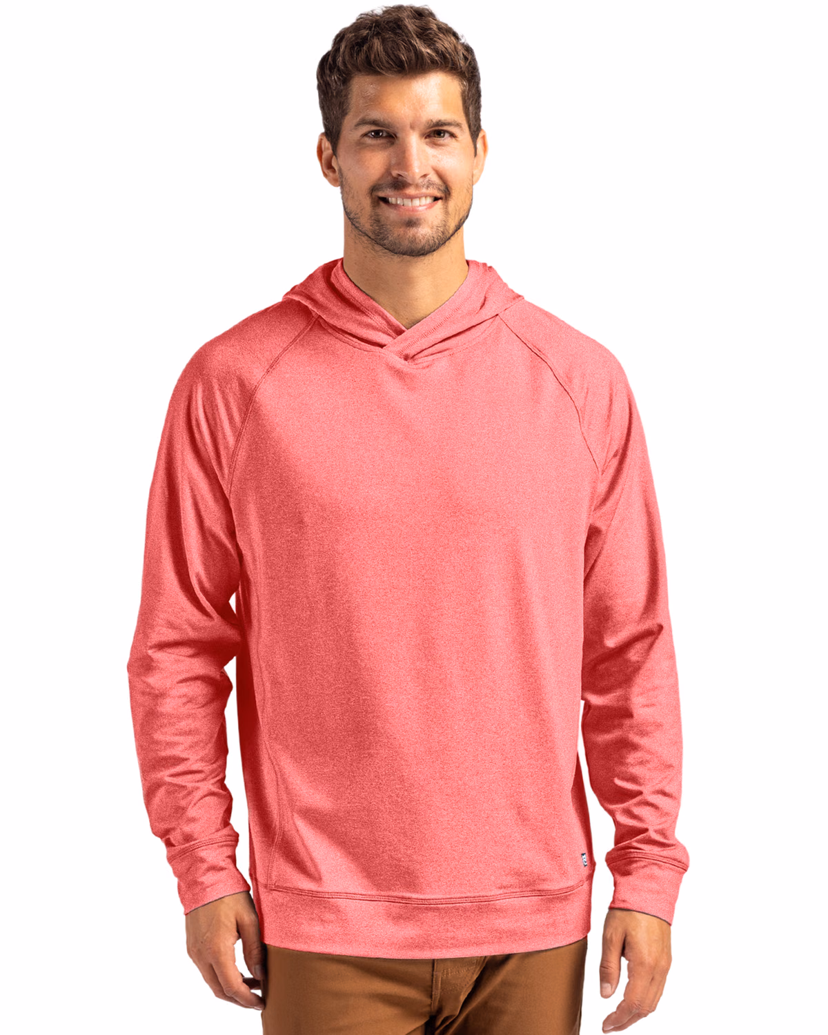 Custom Cutter & Buck Adapt Recycled Soft Knit Stretch Mens Heathered Hooded Pullover — Cardinal Red Heather front