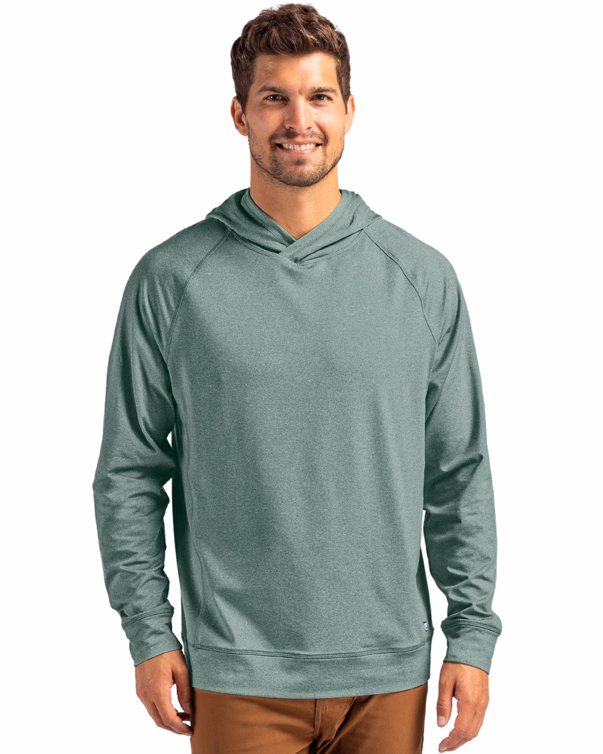 Custom Cutter & Buck Adapt Recycled Soft Knit Stretch Mens Heathered Hooded Pullover — Hunter Heather front